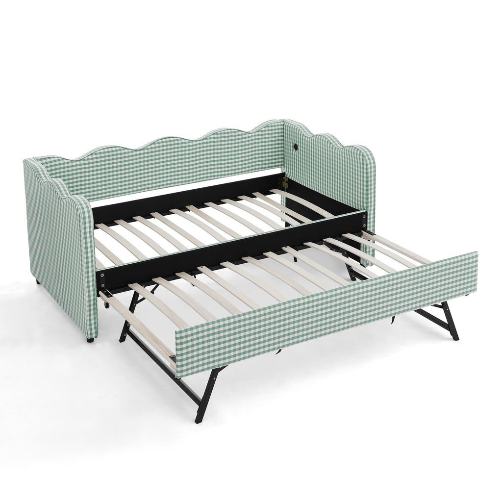 Cozy Gingham Daybed with Trundle Twin Size Sofa Bed