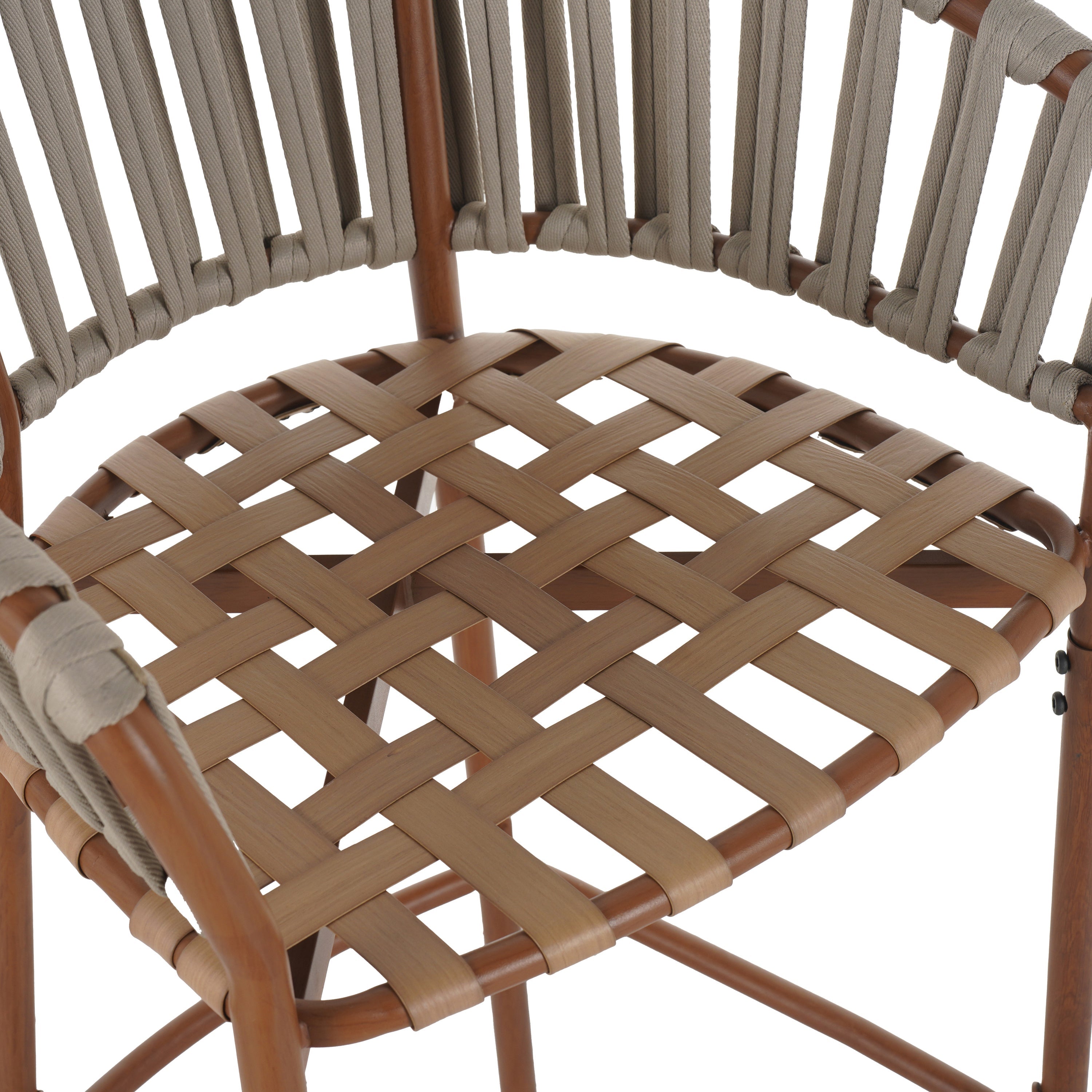 Lodi Outdoor Metal Rope Barstool, Teak Finished Frame and Beige Cushion, Set of 4