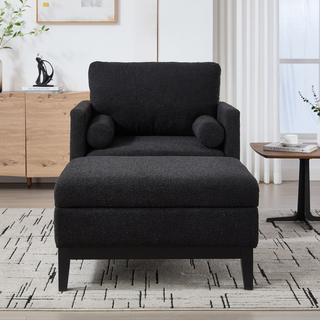 Farmhouse Performance Upholstered Wood Base Square Accent Arm Chair with Ottoman