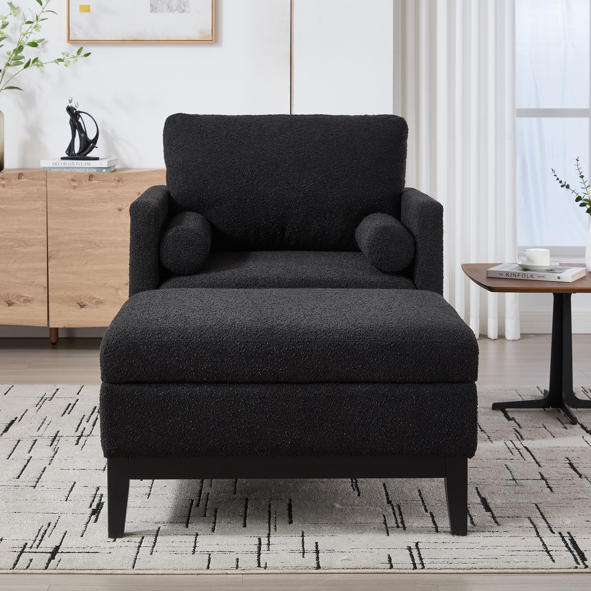 Farmhouse Performance Upholstered Wood Base Square Accent Arm Chair with Ottoman