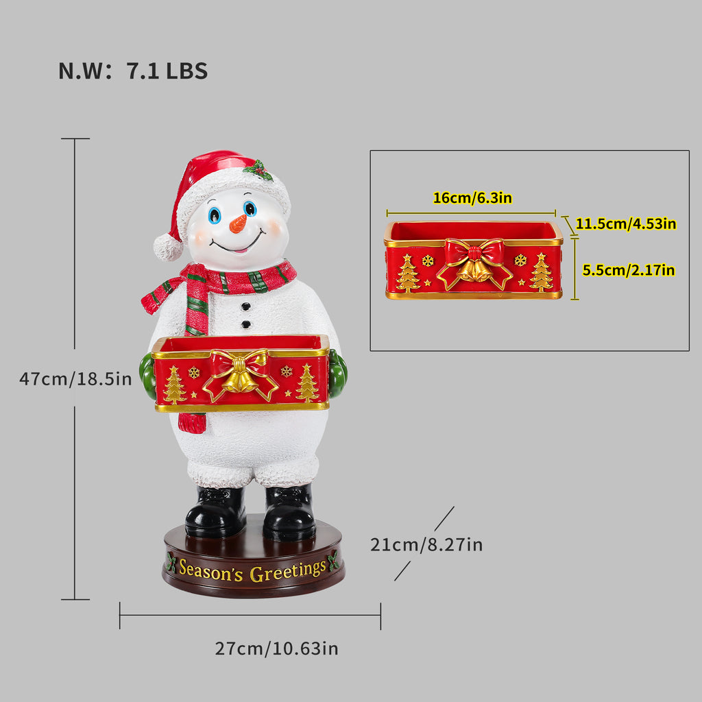 Festive Christmas Snowman Statue with Storage Tray, White Resin, 18.5-Inch
