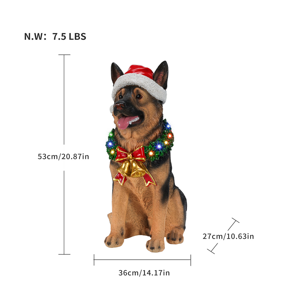 Lighted Christmas German Shepherd Dog Statue, Santa Hat Puppy Figurine, 20.87-Inch, Black and Brown