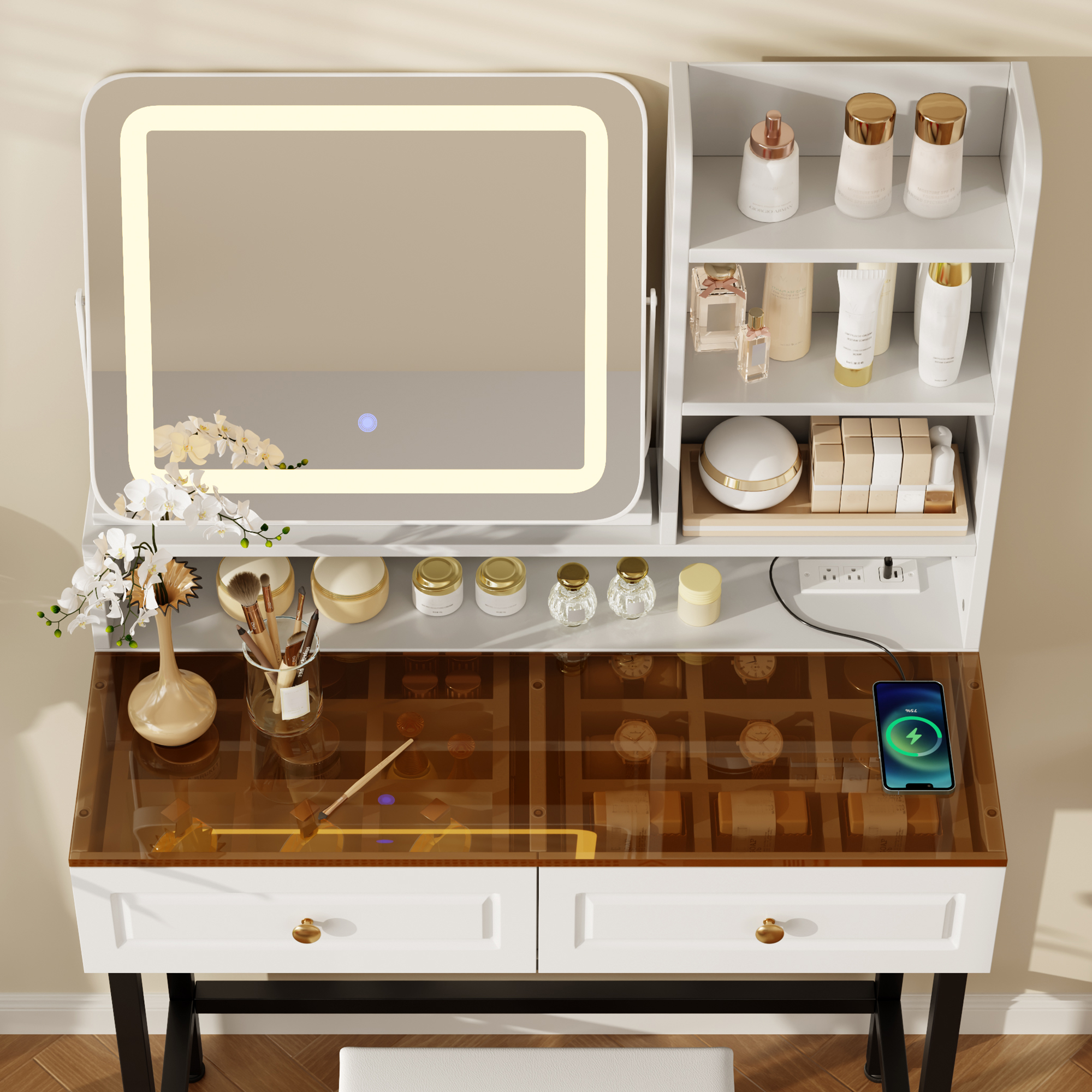Makeup Vanity with LED Lighted Mirror