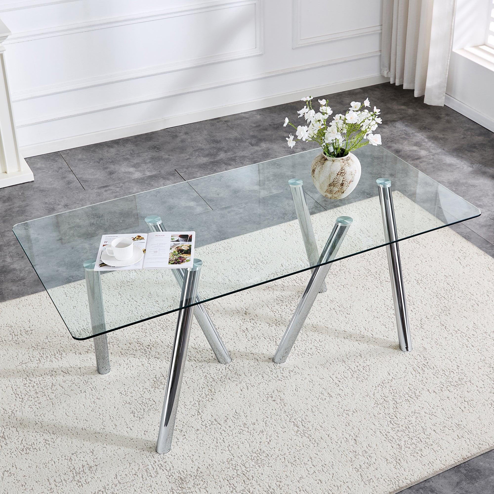 71-Inch Tempered Glass Dining Table with Sturdy Metal Legs