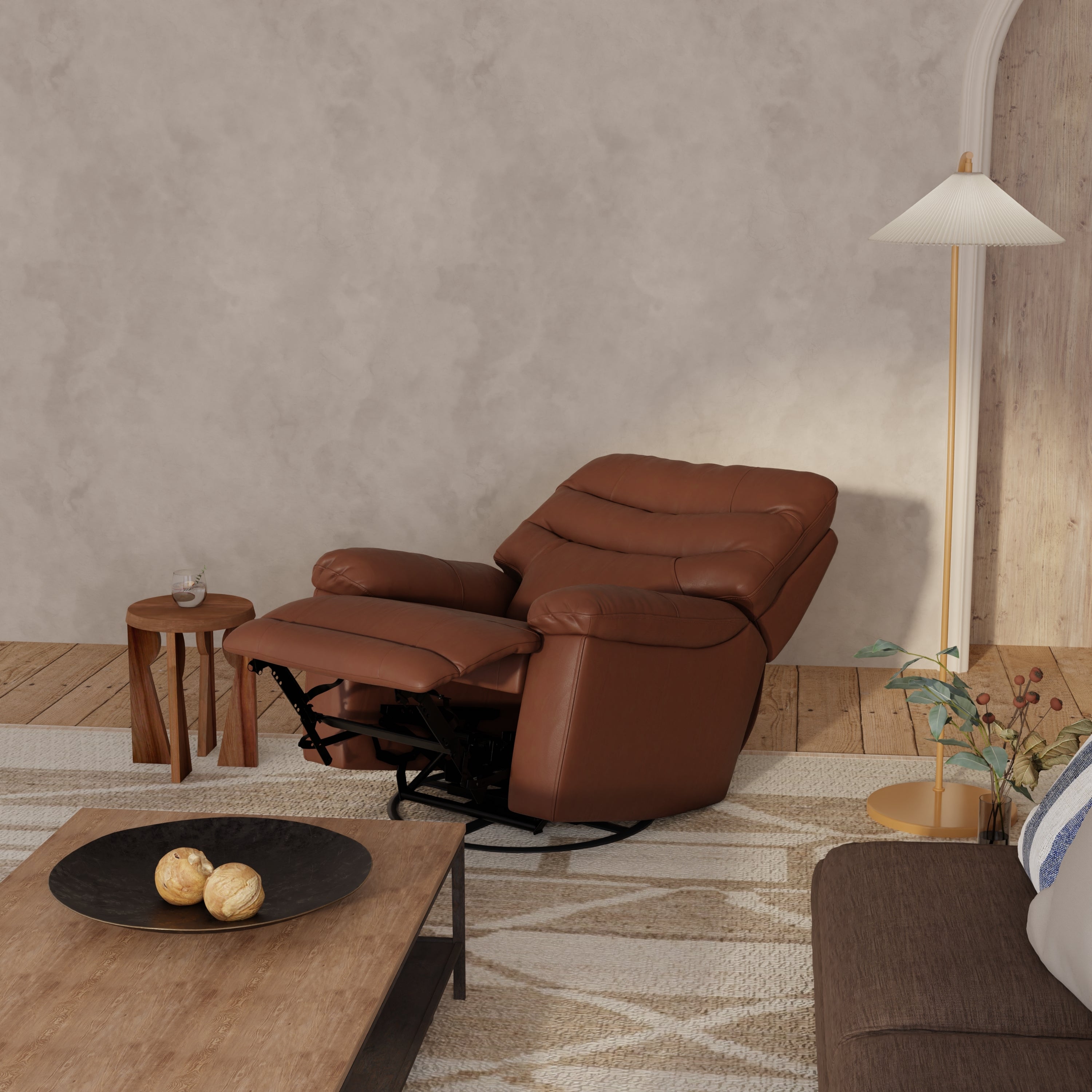 Global Home Swivel Glider Recliner with Manual Footrest In Oslo Pecan