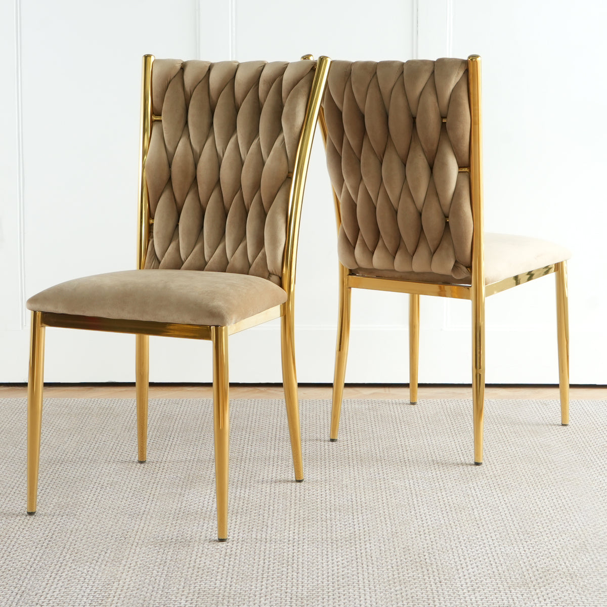 Modern Simple Velvet Dining Chair, Brown, Gold Metal Legs, Set of 2
