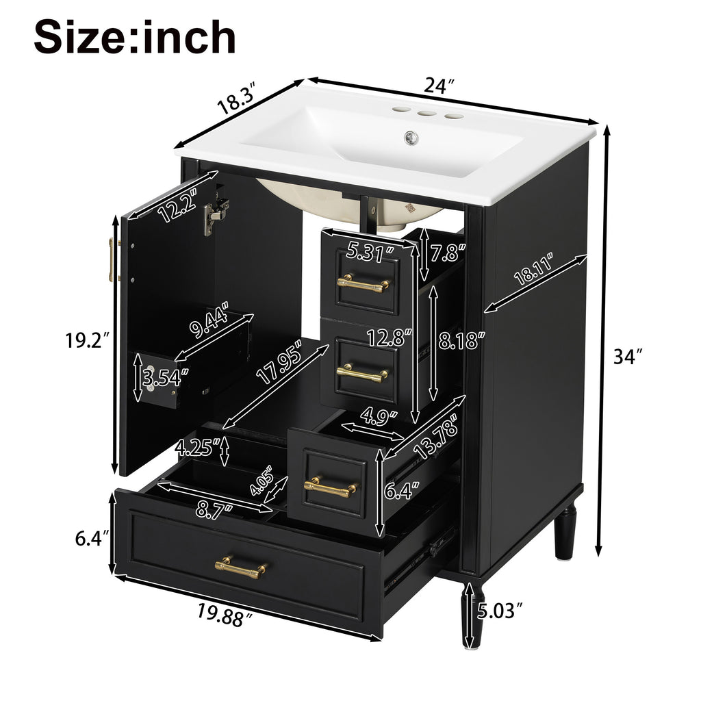 24" Modern Bathroom Vanity with Ceramic Sink, Soft-Close Door, 3 Drawers