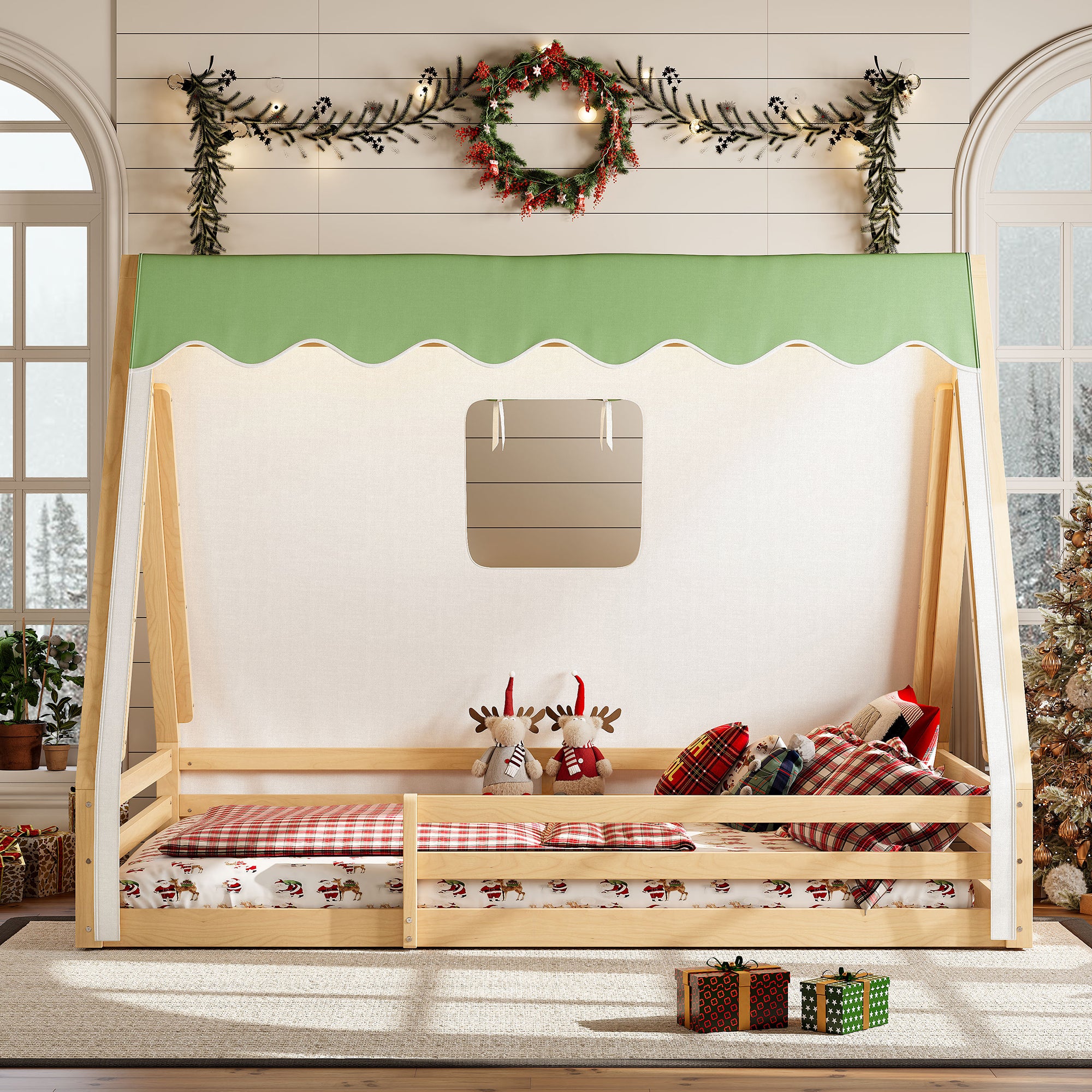 Full Size House Floor Bed with Tent and Light