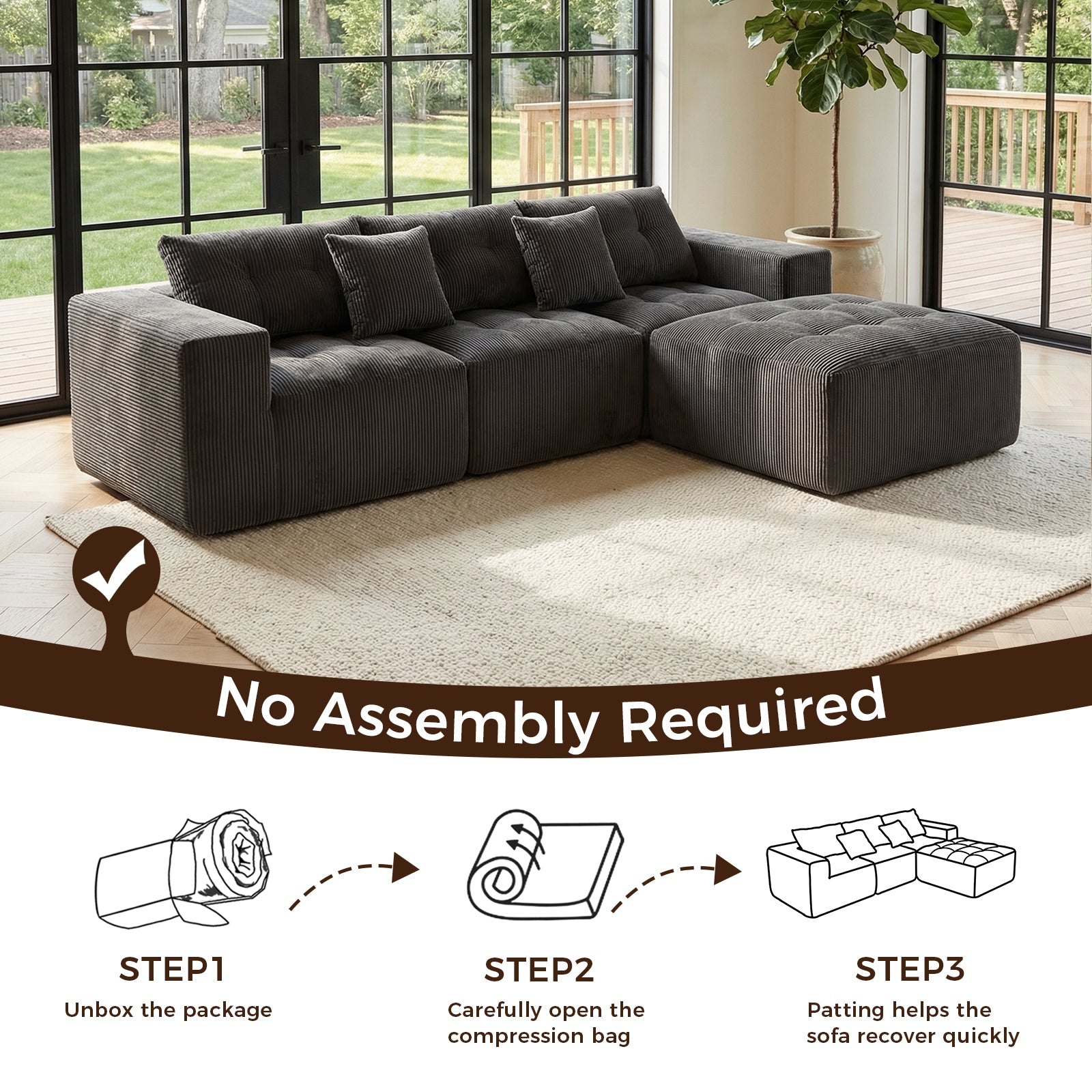 101" L-Shaped Modular Compression Sofa, Gray