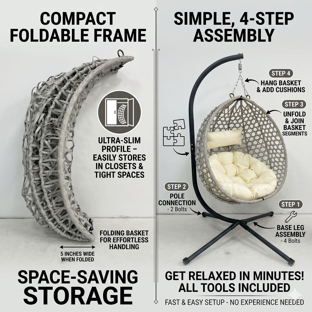 Folding PE Rattan Hanging Egg Chair with Stand