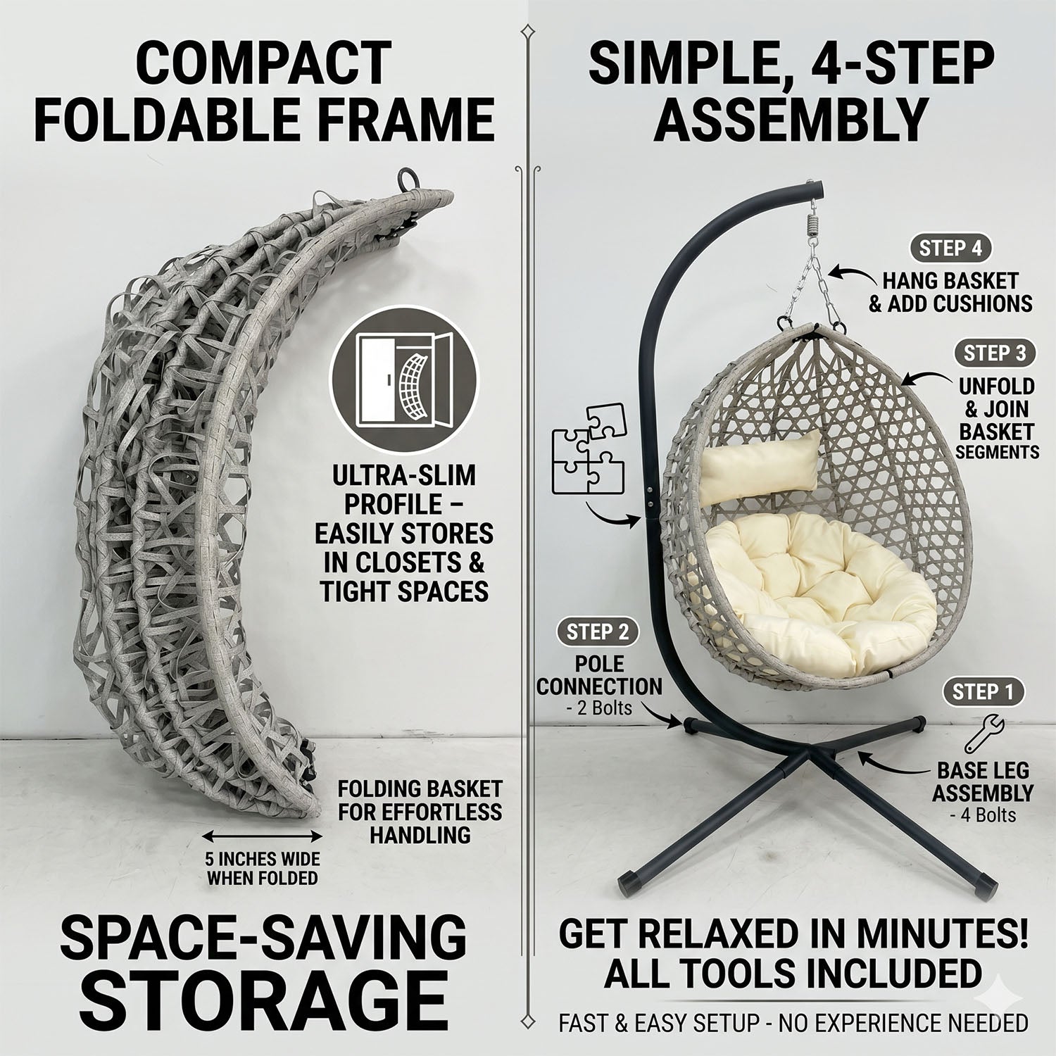Folding PE Rattan Hanging Egg Chair with Stand