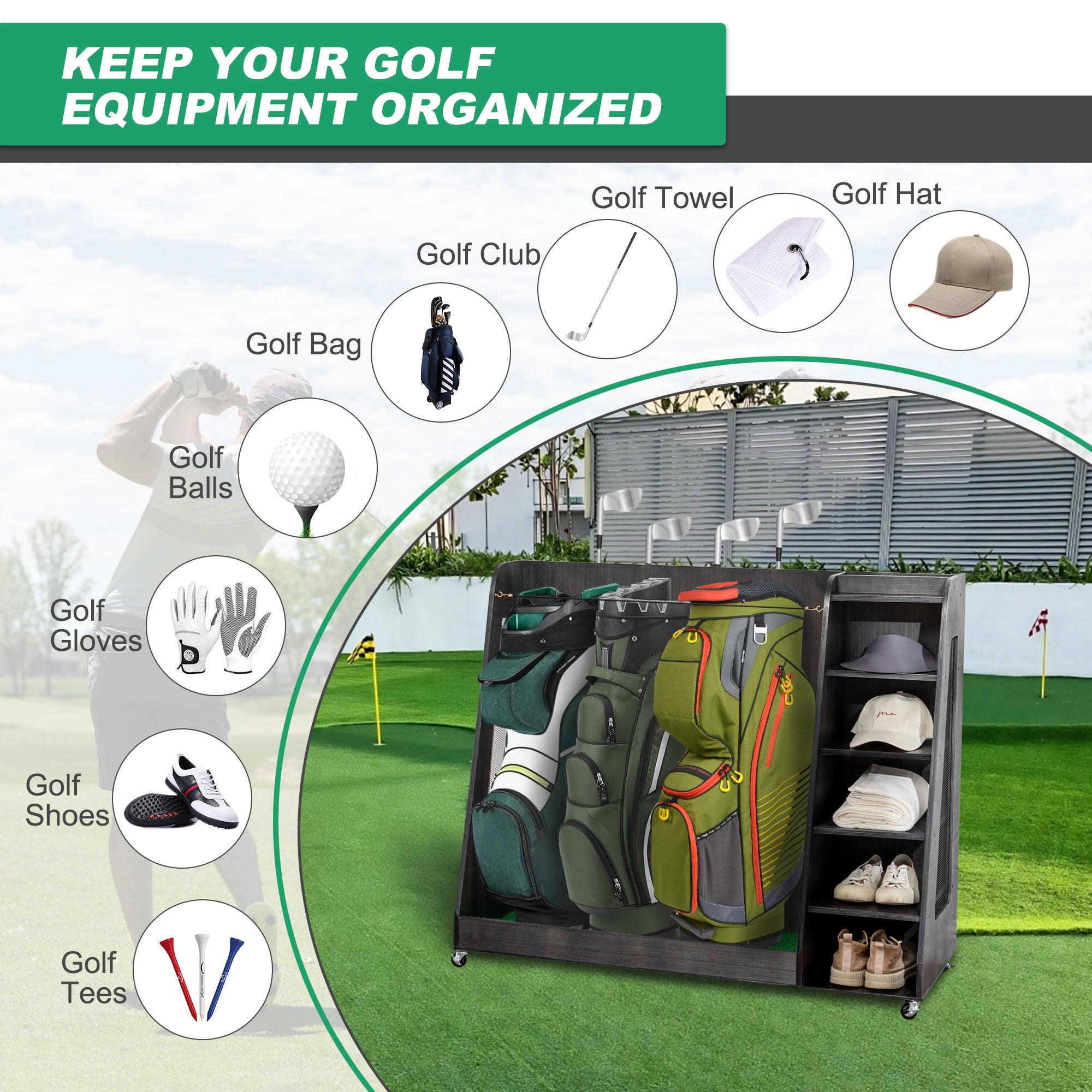Gray Wooden Golf Bag Storage Rack with 3 Drawers