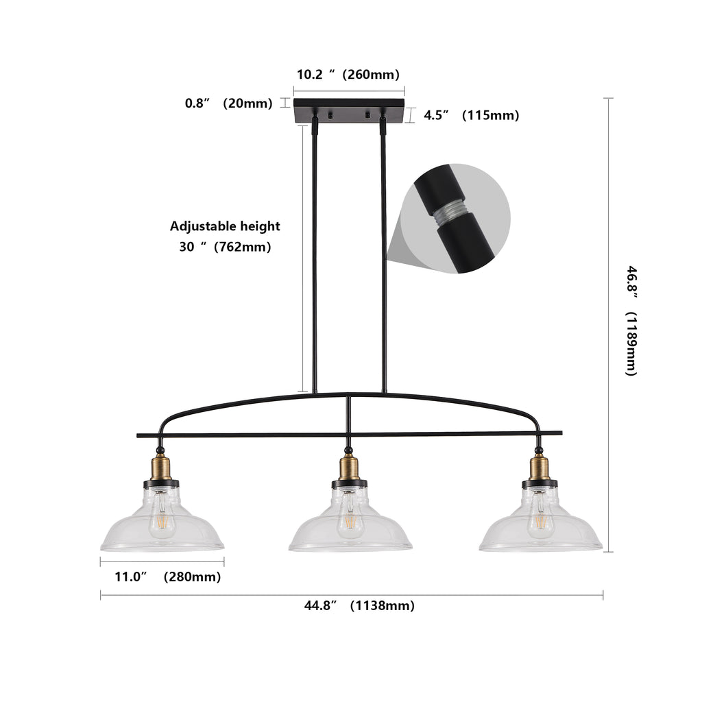 45" Industrial 3-Light Pendant Chandelier with Clear Glass Shades
