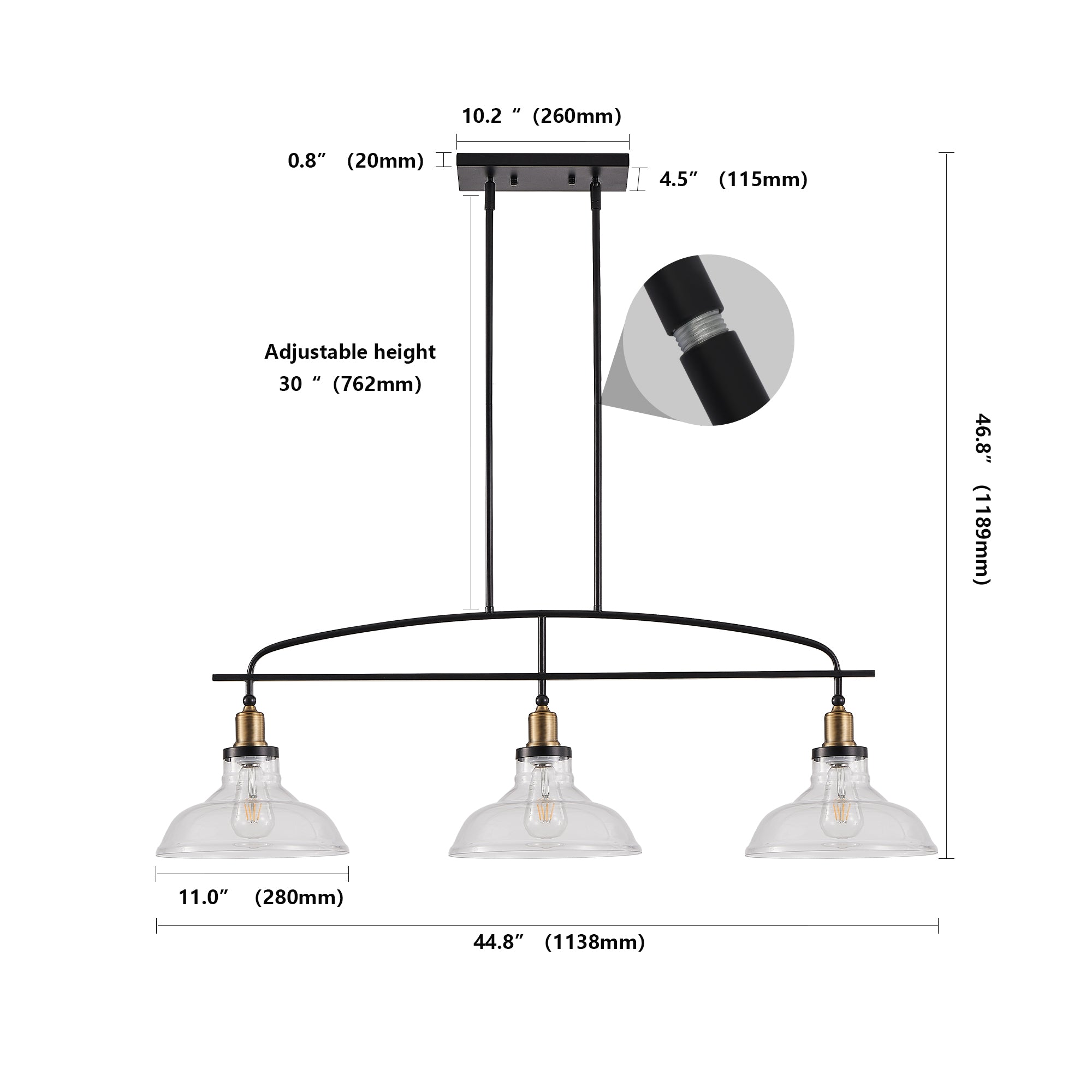 45" Industrial 3-Light Pendant Chandelier with Clear Glass Shades