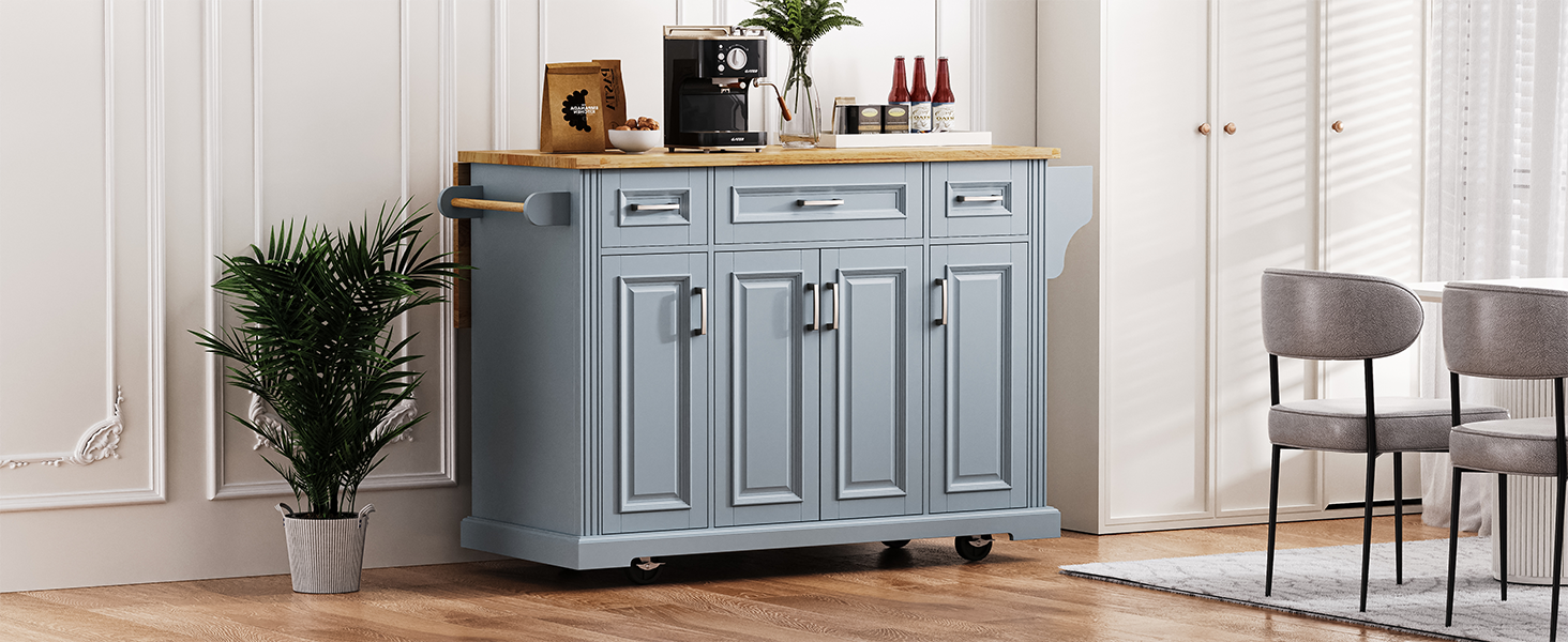 K&K 54-Inch Large Kitchen Island with Rubber Wood Drop Leaf