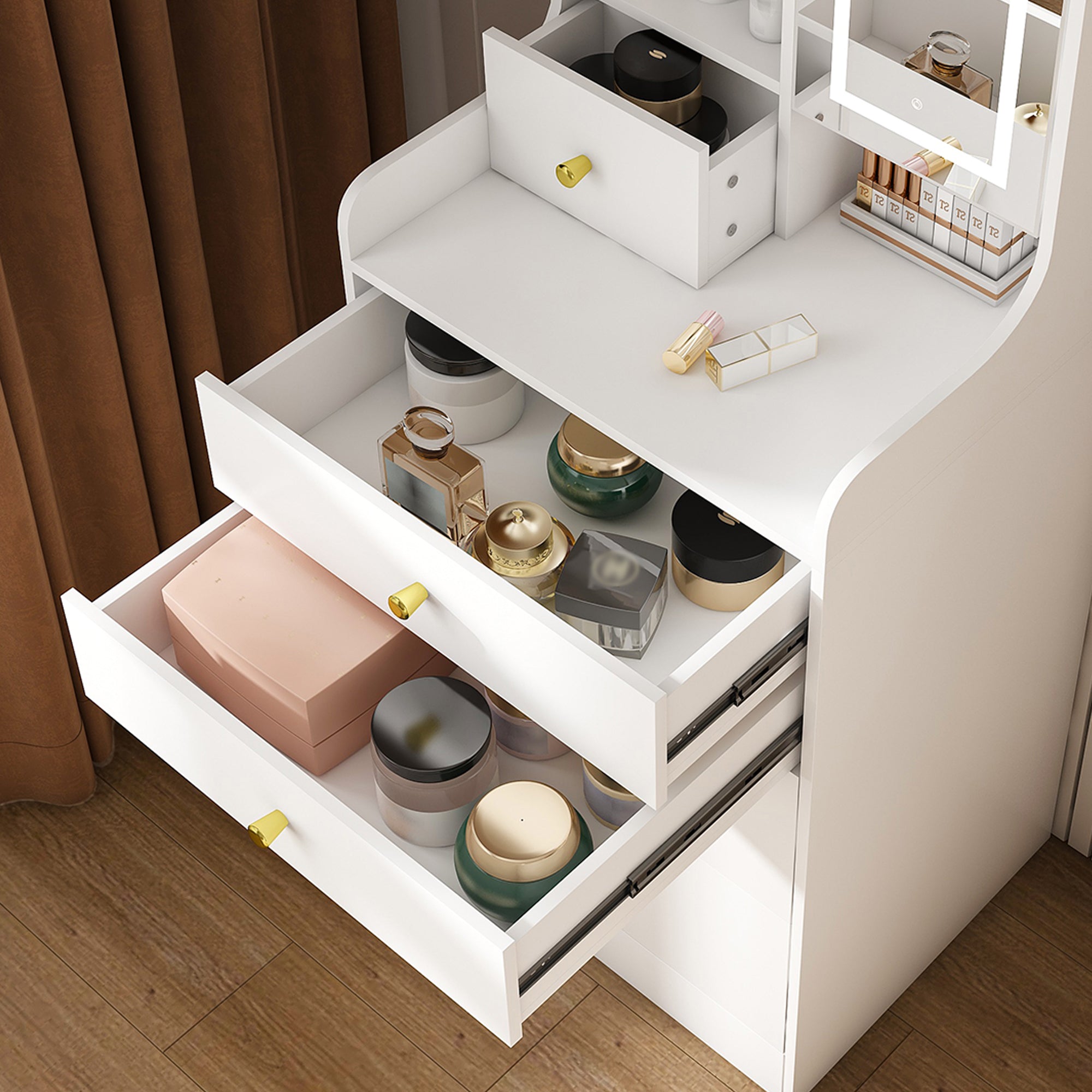 3-in-1 Dressing Table with LED Mirror & Storage Stool