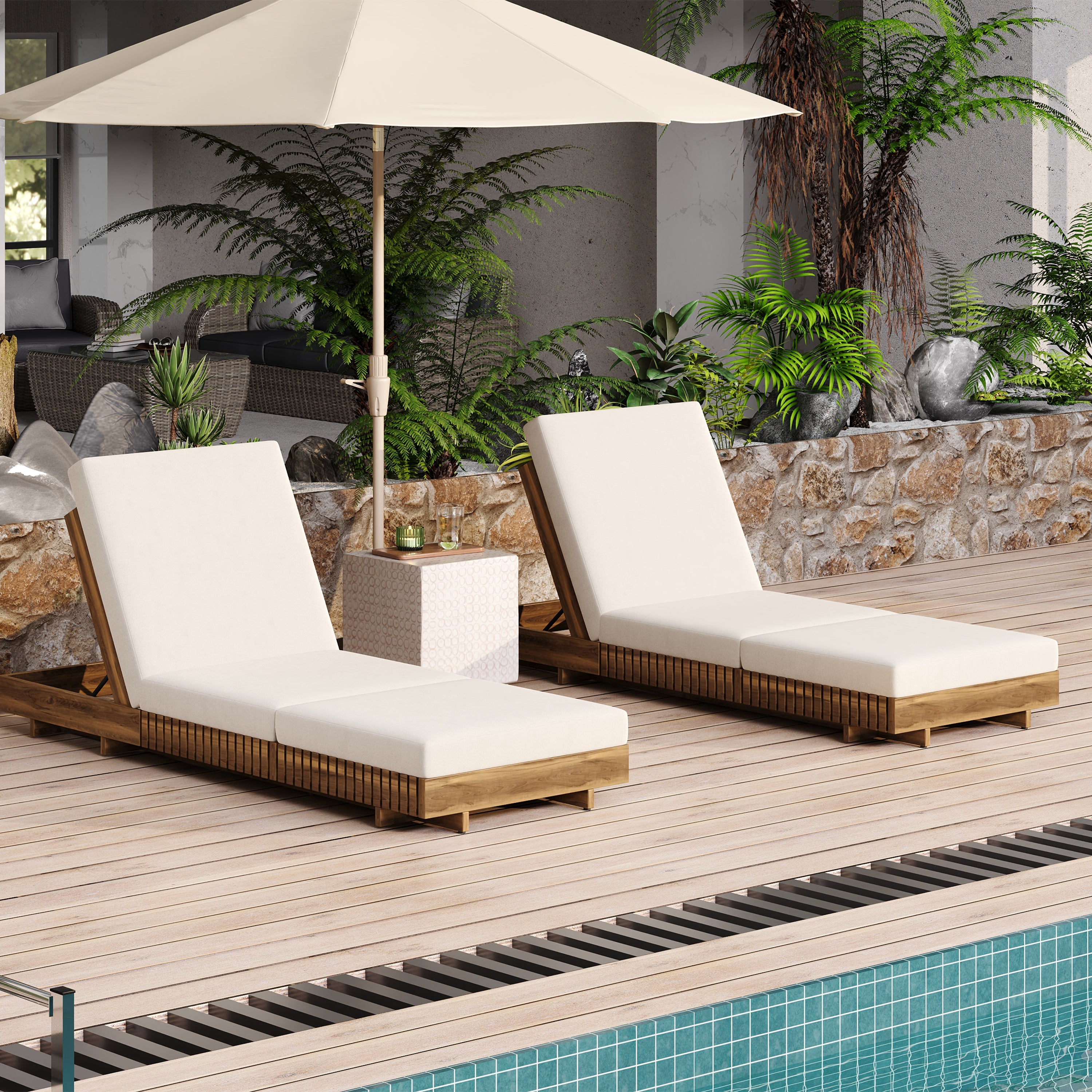 Acacia Solid Wood Lounge Chaise Set with Cream Cushion