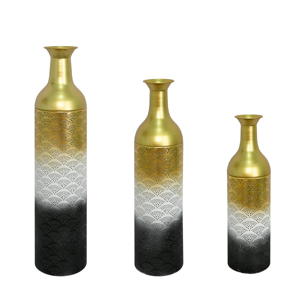 Decorative Metal Vases Set of 3, Leaf Pattern Floor Vases