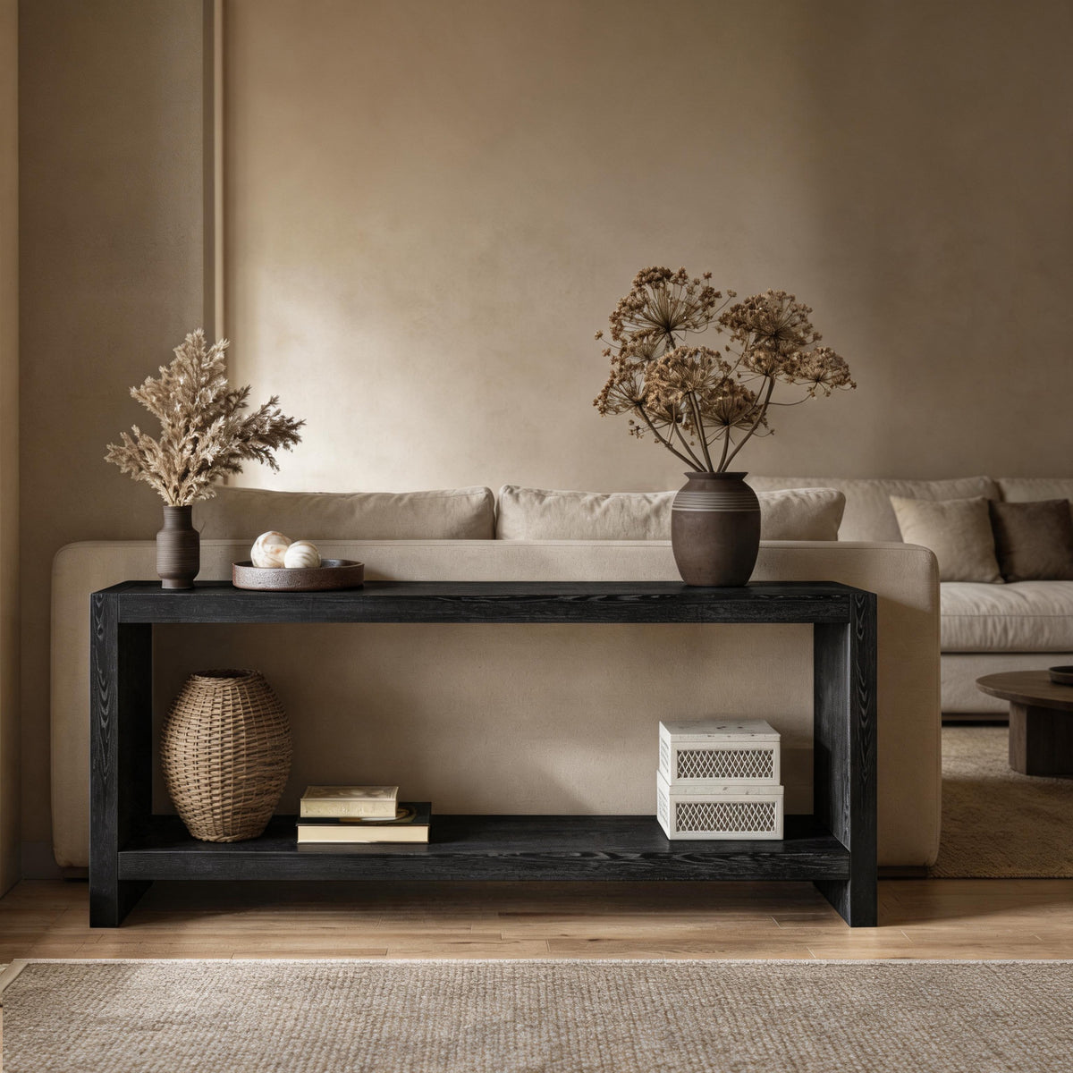 63-Inch Farmhouse Console Table, 2-Tier Rustic Design, Black Wood Veneer