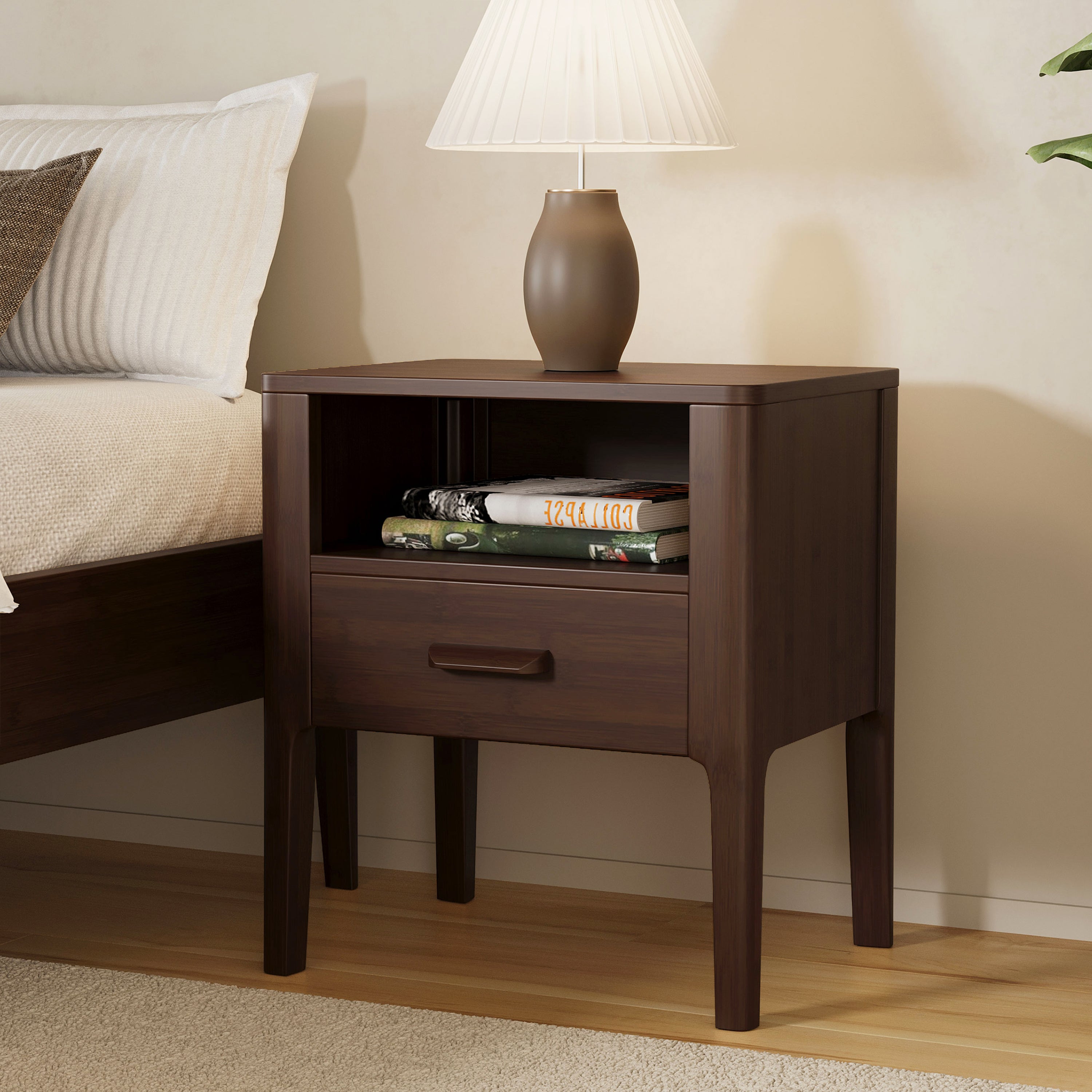 Mid-Century Modern Solid Bamboo Wood Nightstand