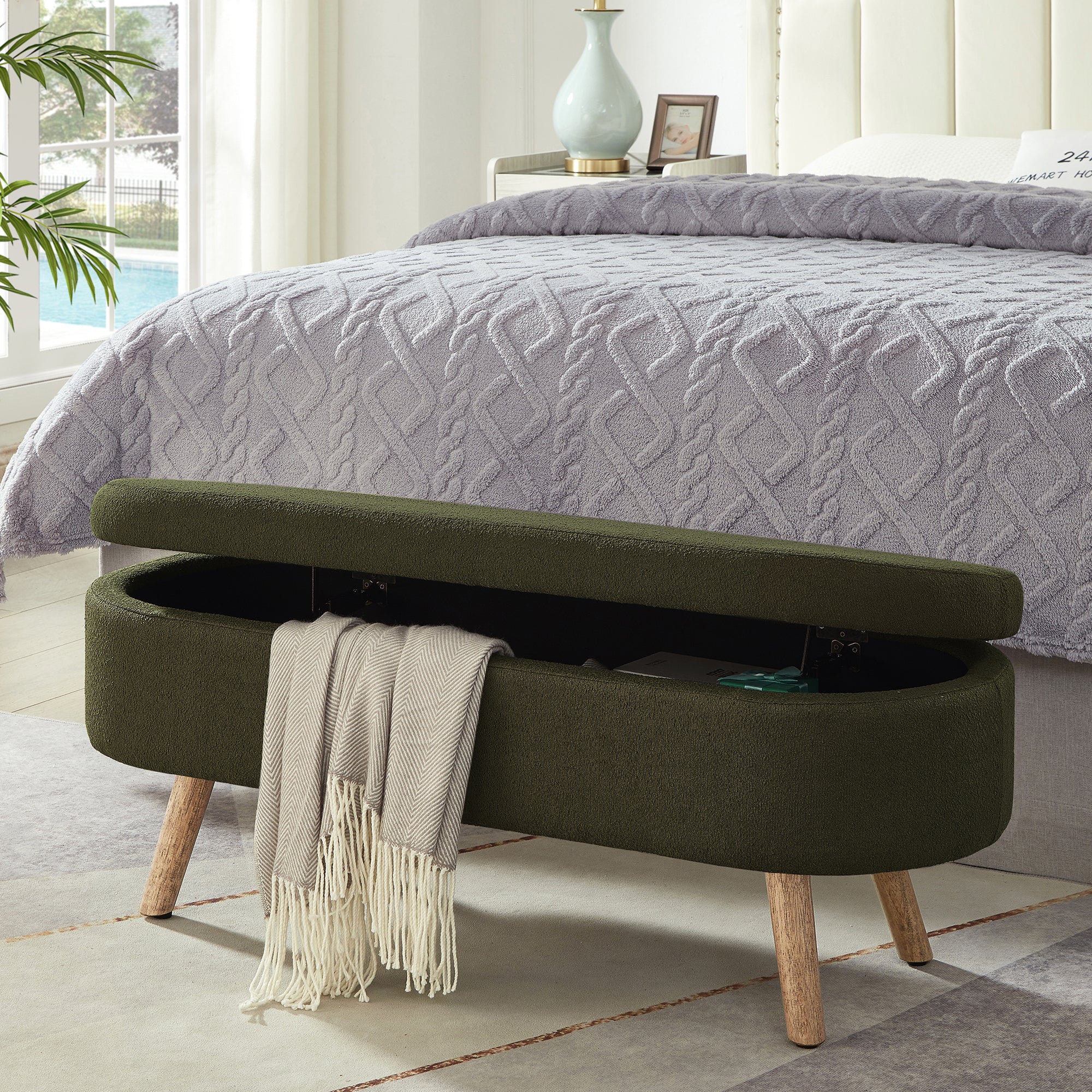 Luxury Oval Boucle Storage Ottoman Bench