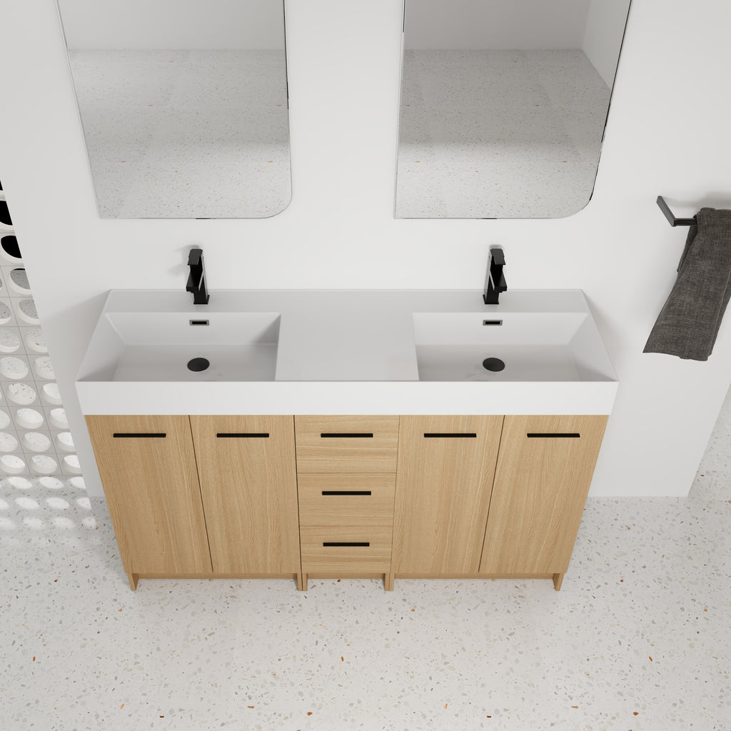 60" Double Sink Bathroom Vanity with 3 Drawers and Integrated Resin Sink