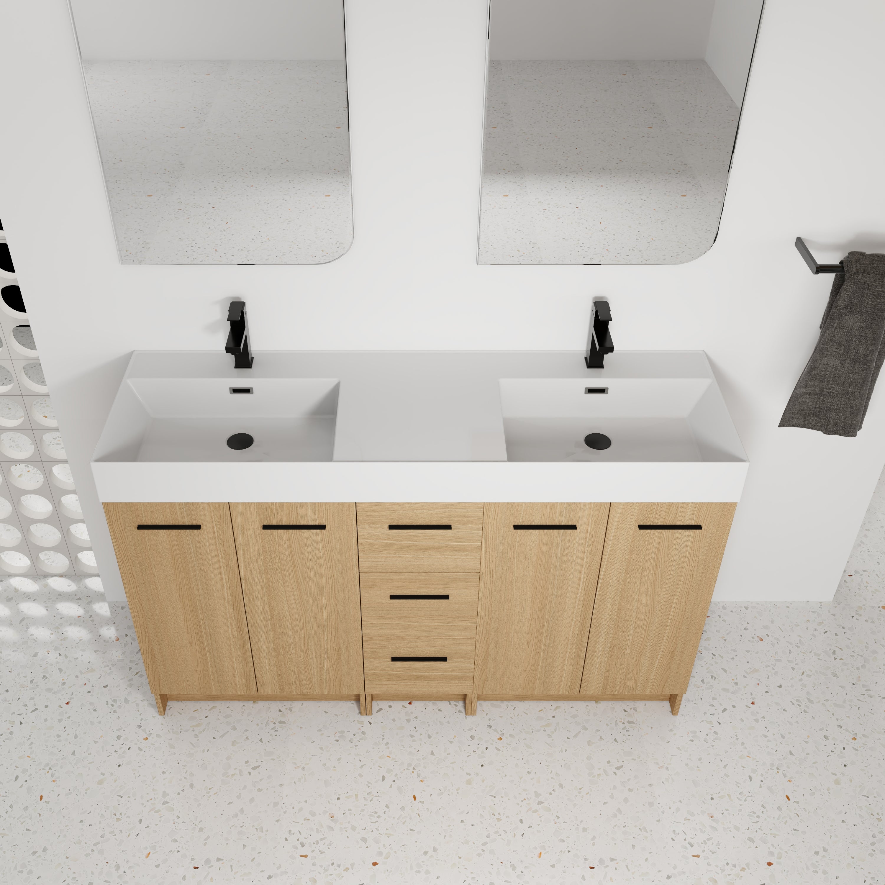 60" Double Sink Bathroom Vanity with 3 Drawers and Integrated Resin Sink