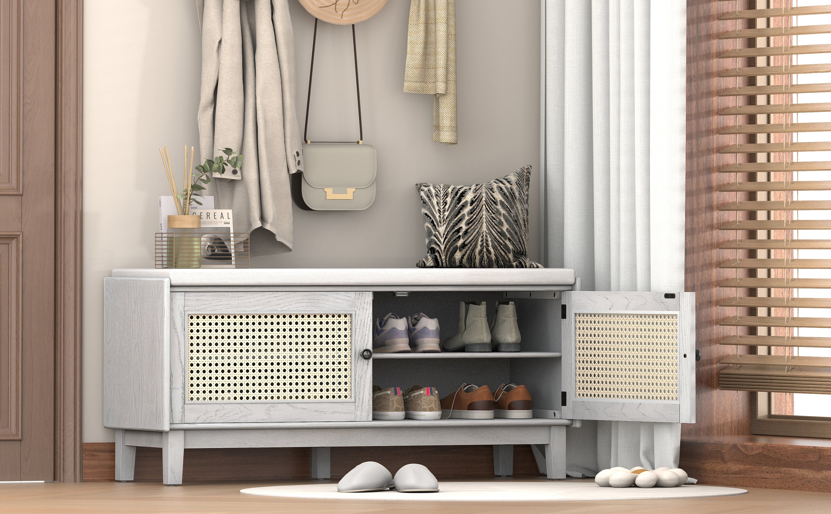 TREXM Boho Rattan Entryway Bench with Storage