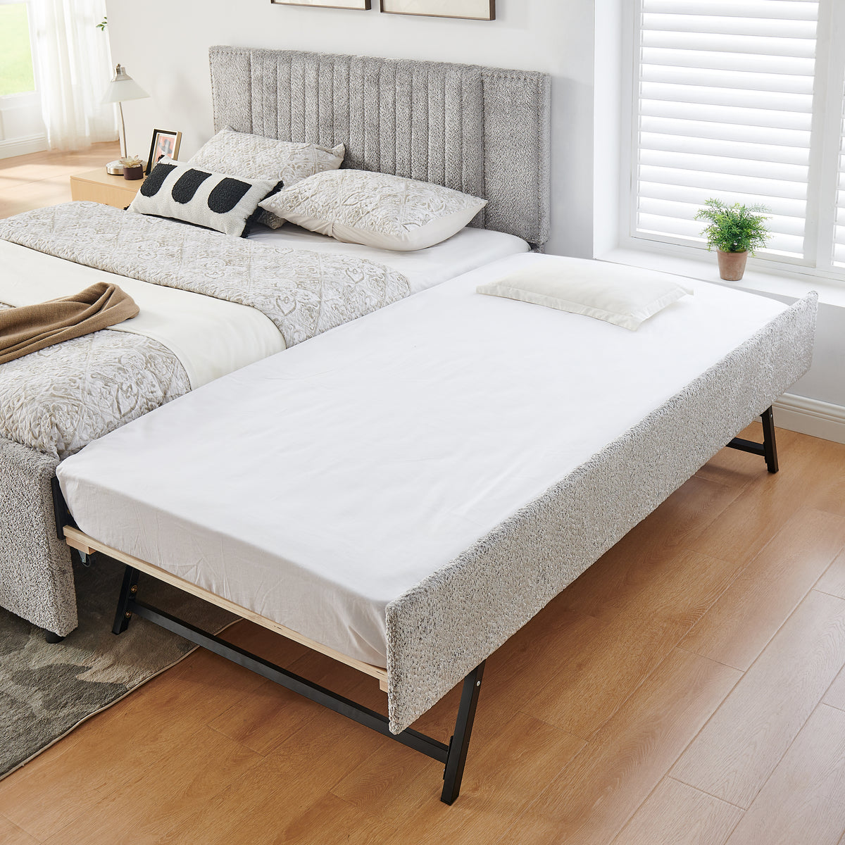 Queen Vertical Channel Tufted Upholstered Bed, Grey Chenille, Storage Drawers & Pull-Out Trundle