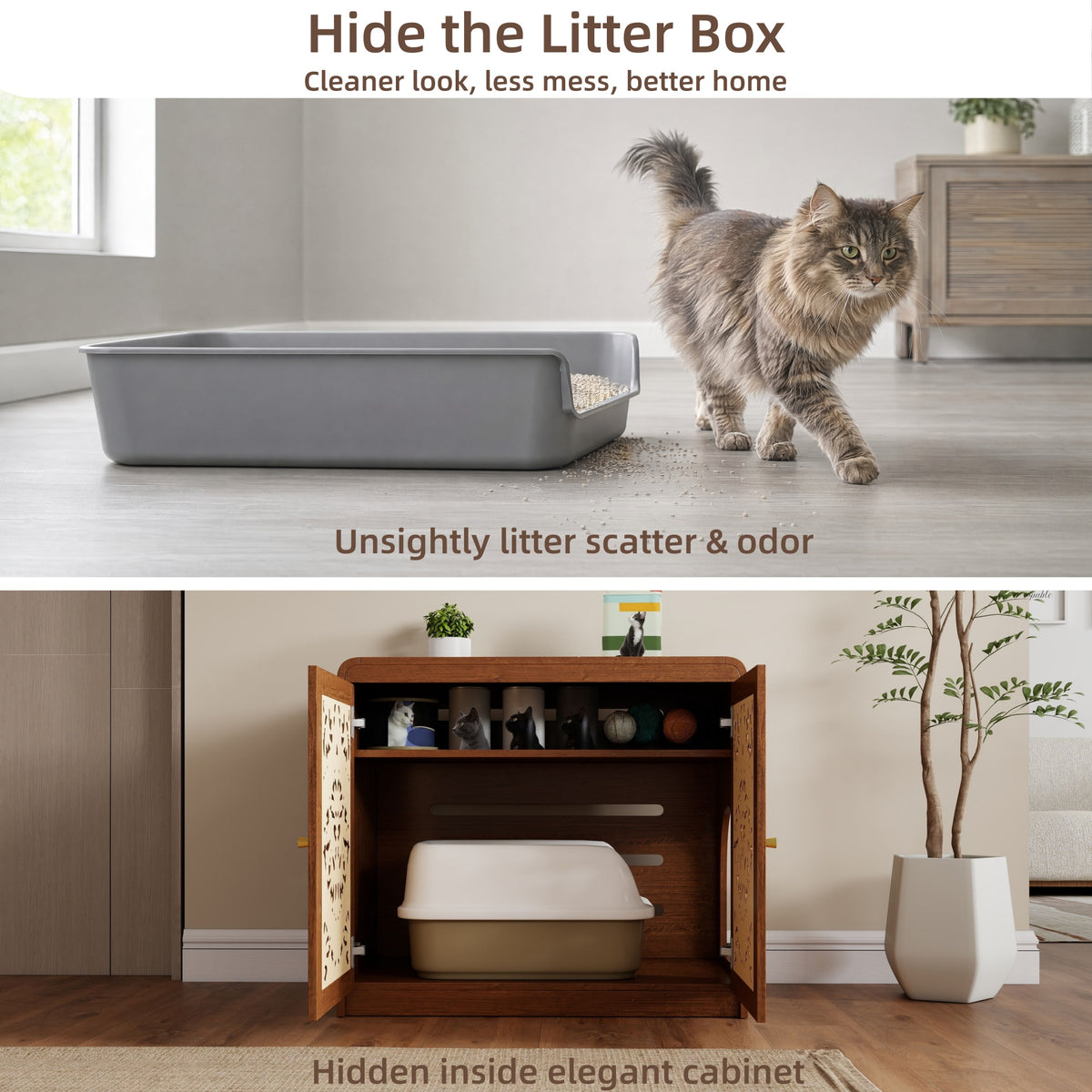 Walnut  Hollow‑Carved Cat Litter Box Enclosure Cabinet, Multi‑Purpose Sideboard with Vent & Large Cat Entry for Living Room & Entryway. Note: Litter box and cat mat not included.