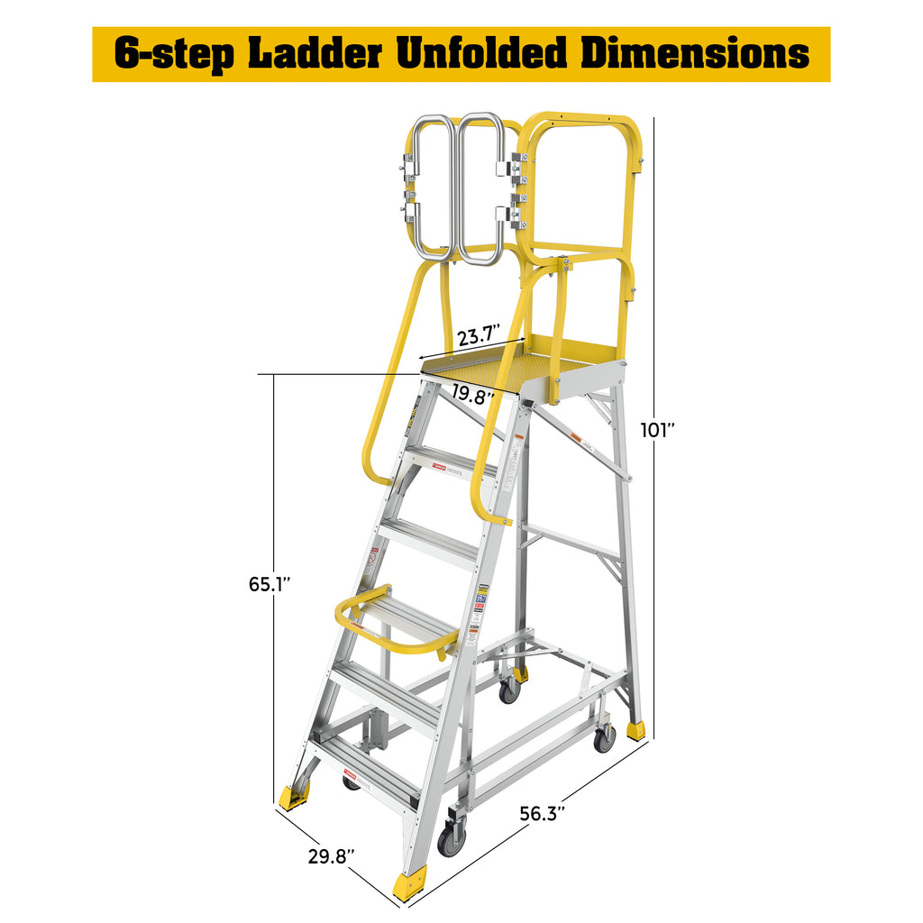 6 Step 375lbs Aluminum Rolling Platform Ladder
