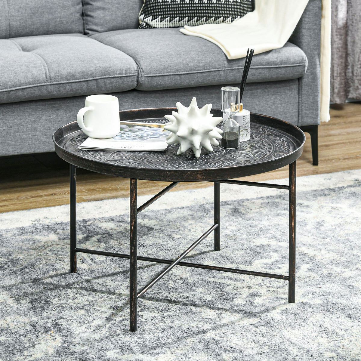 HOMCOM 24-Inch Round Coffee Table with Hammered Tray Top, Pewter