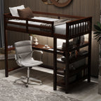 Twin Size Loft Bed with Storage Shelves and LED
