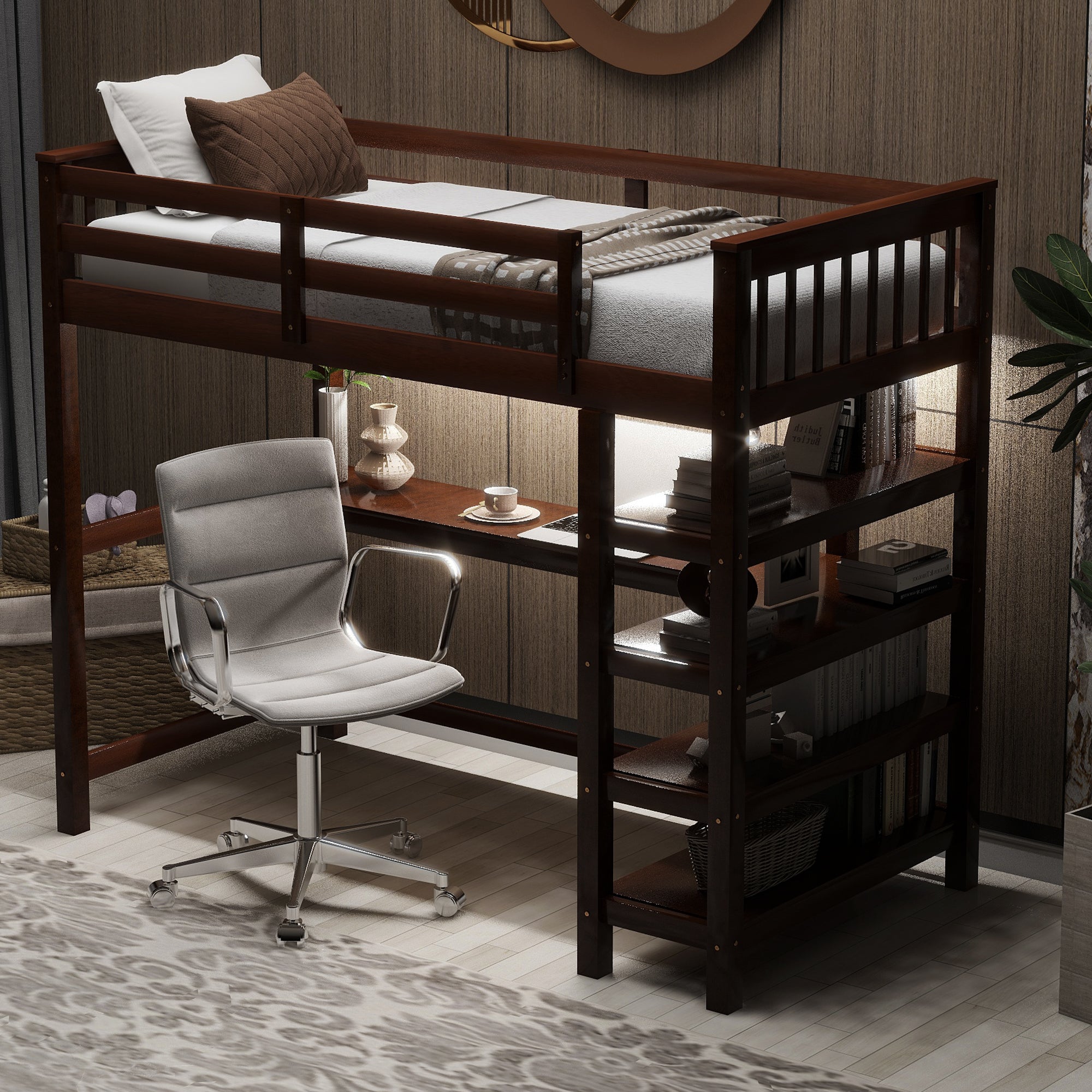 Twin Size Loft Bed with Storage Shelves and LED