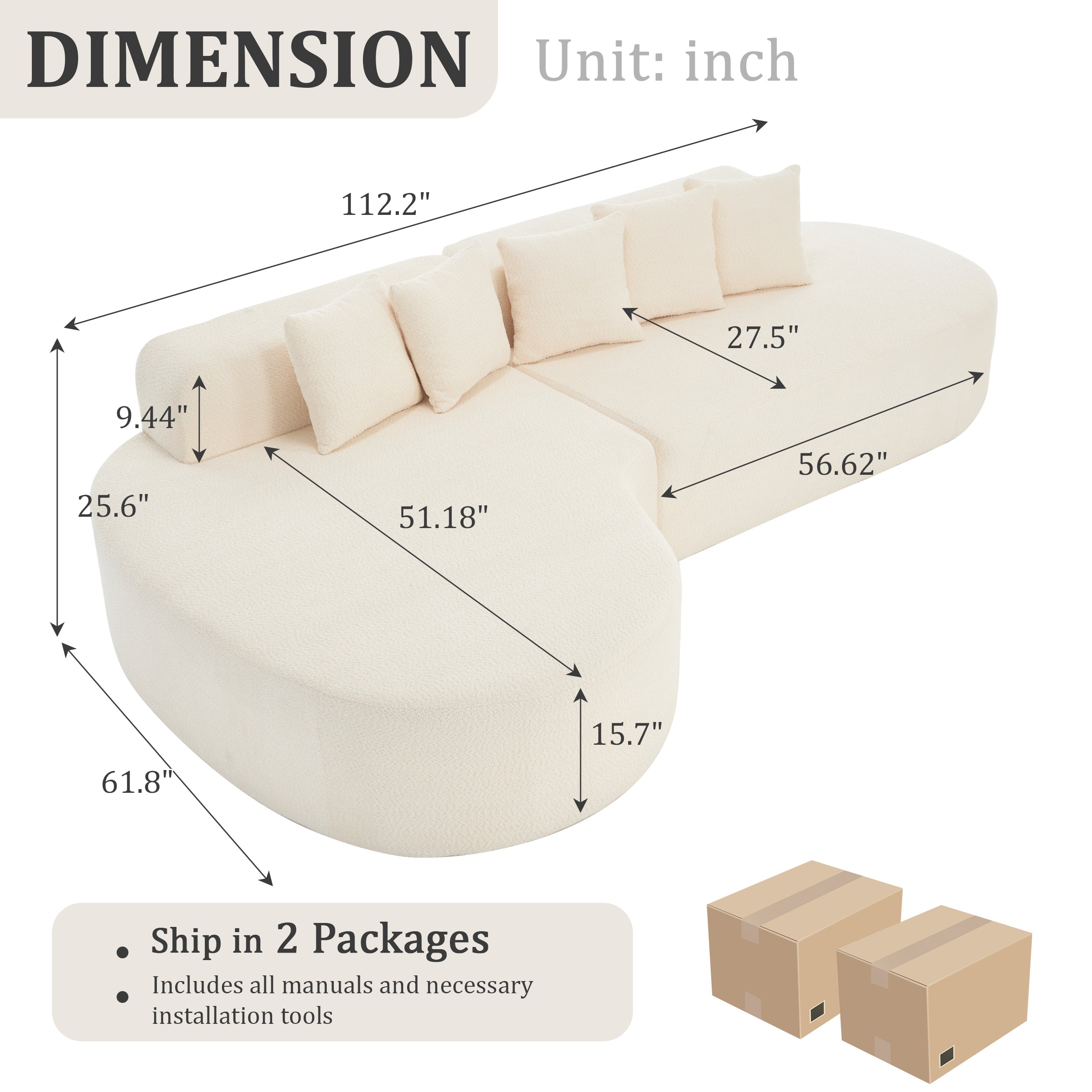 110.2'' Ivory Curved Sectional Sofa