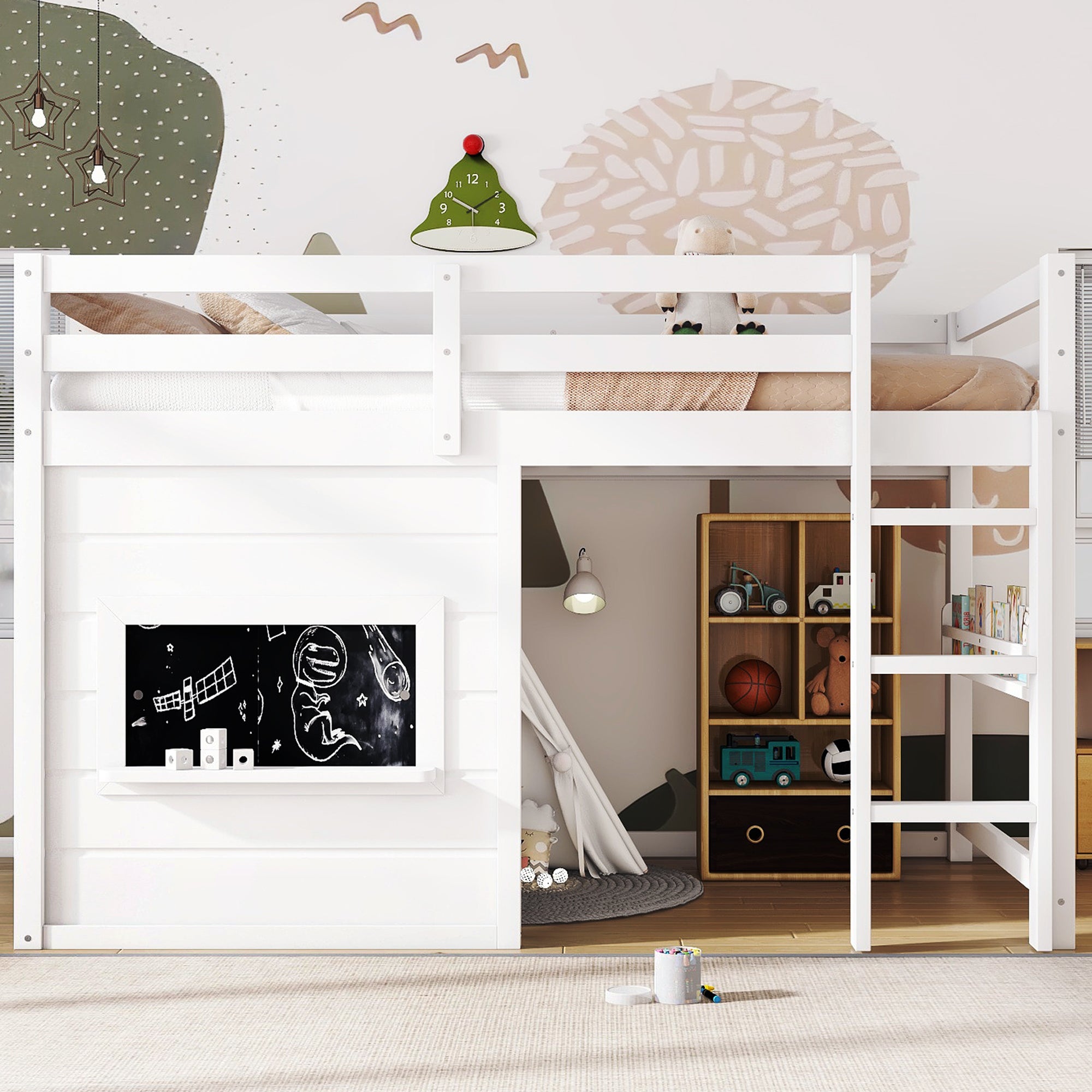 Twin Size Loft Bed With Playful Sliding Chalkboard
