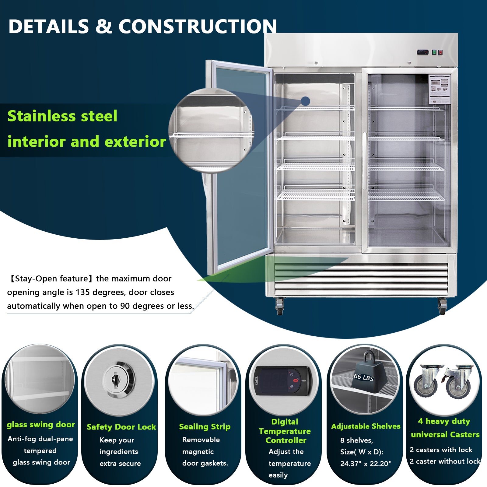 54"W Commercial Refrigerator with Glass Doors
