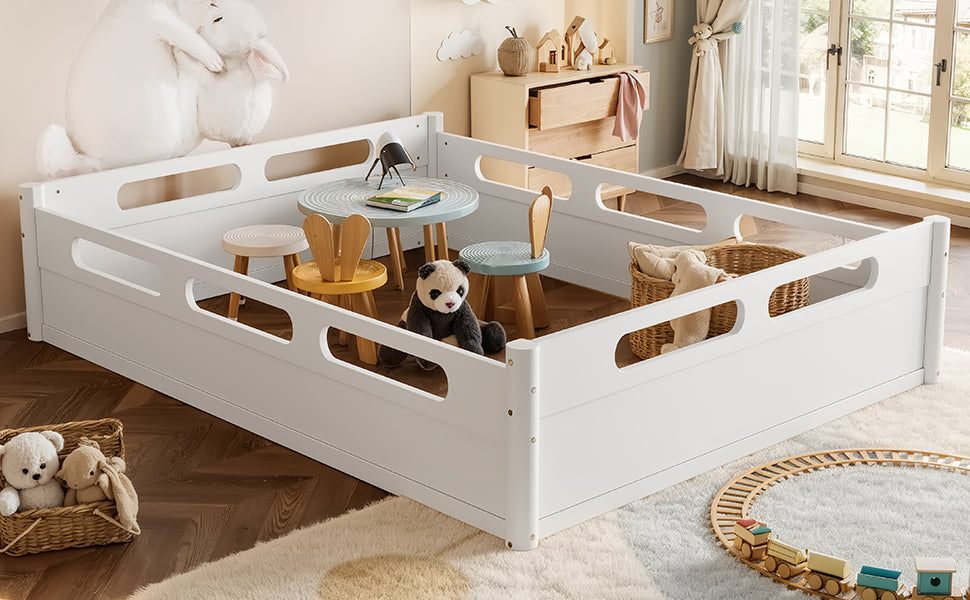 Queen Size Floor Platform Bed with Full-length Guardrails