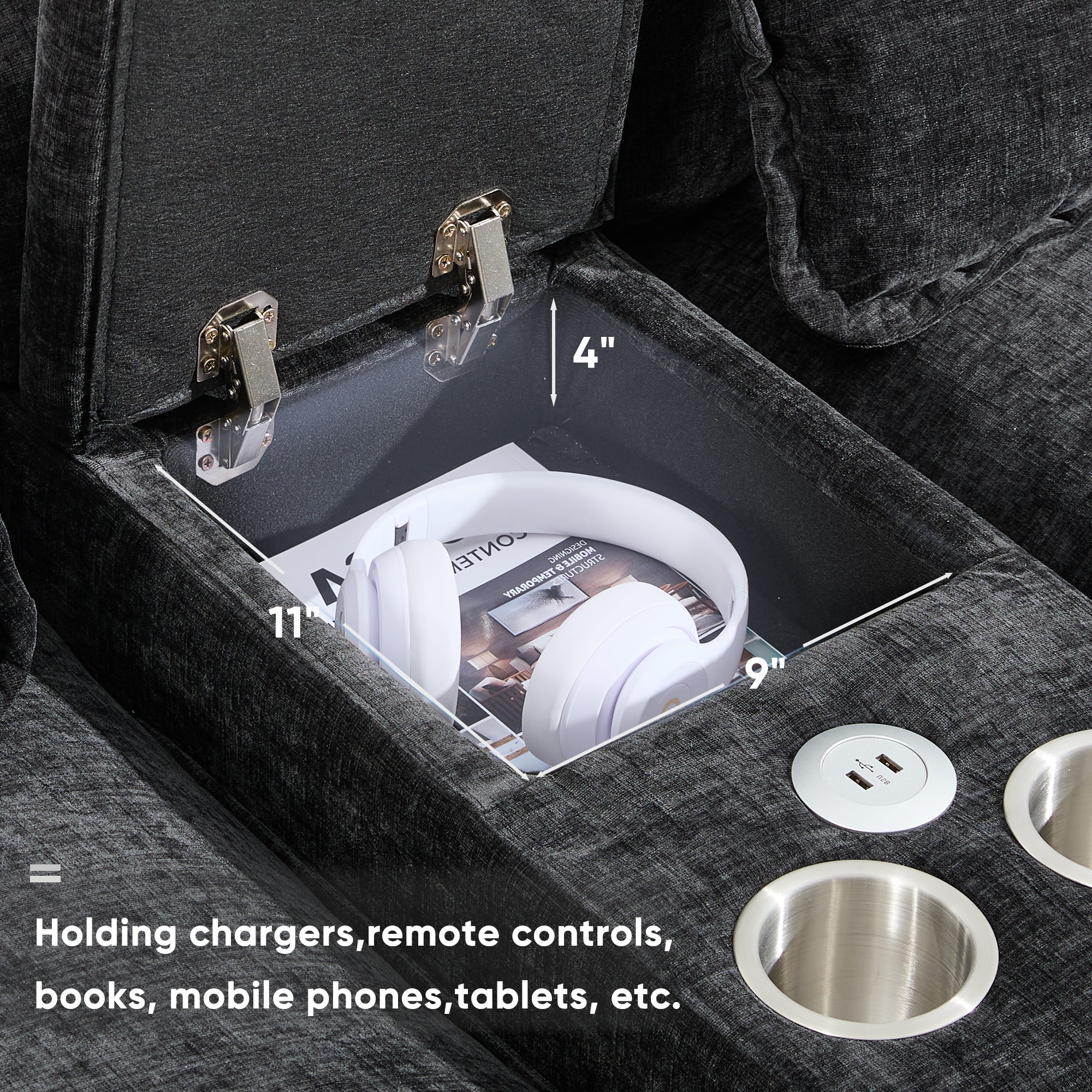Modern U-Shaped Sectional Sofa with Console, Cup Holders and USB Charger