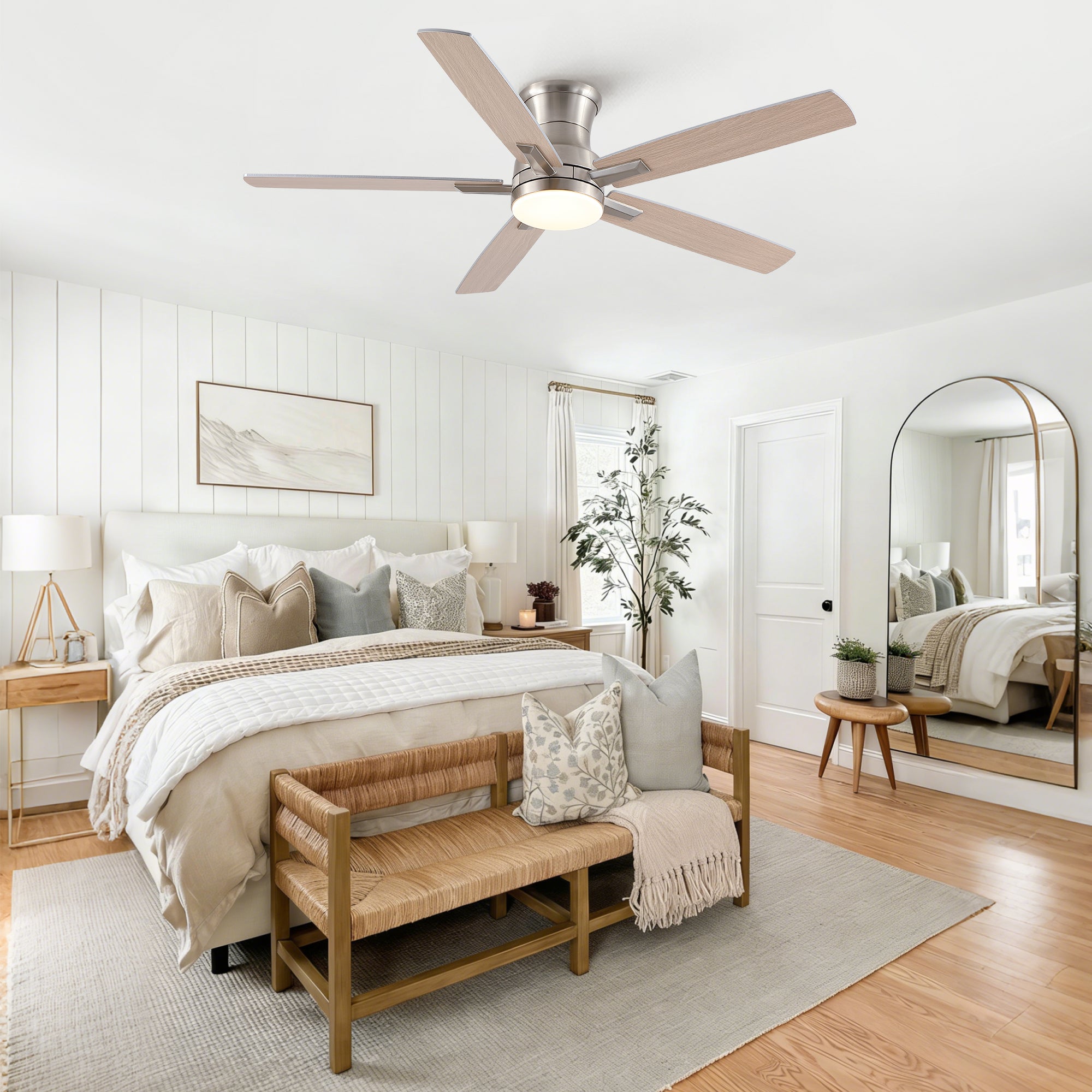 52" Modern Brushed Nickel Flush Mount Ceiling Fan with Light