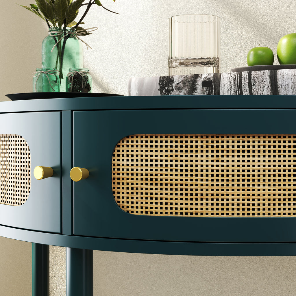 Unique Half Moon Design End Table with Sliding Rattan Door