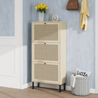 Rattan 3 Door Shoe Rack, Freestanding Modern Shoe Storage Cabinet