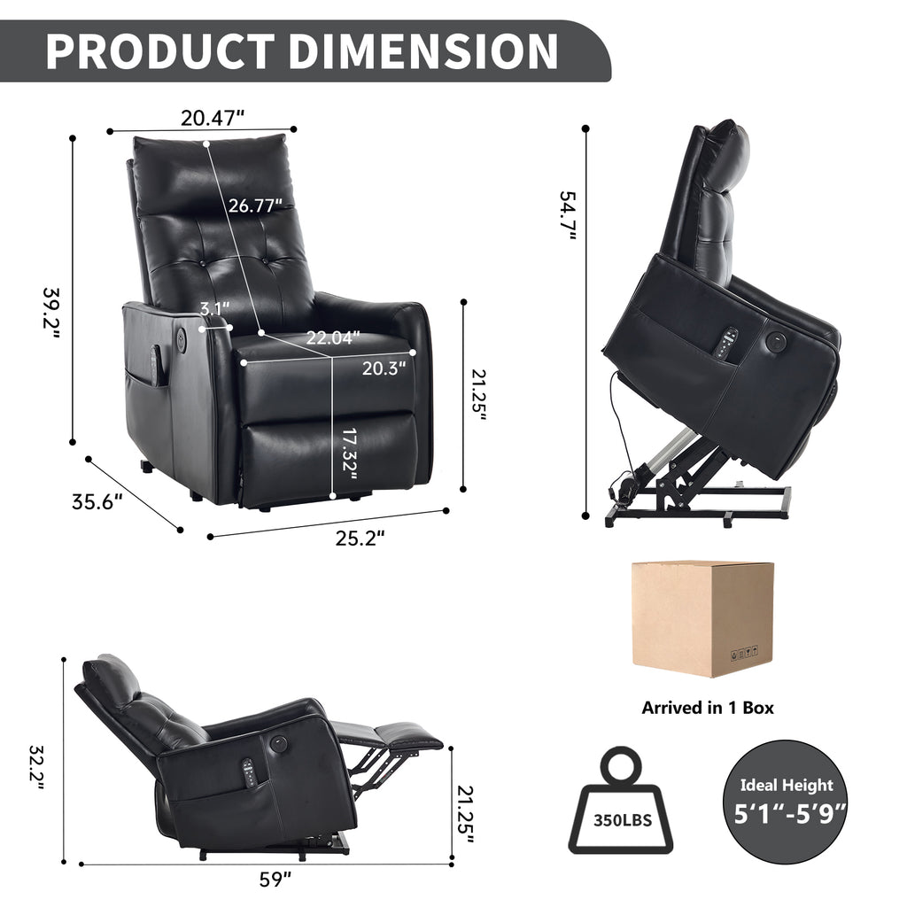 Black PU Single Motor Power Lift Recliner Chair with Massage and Heat