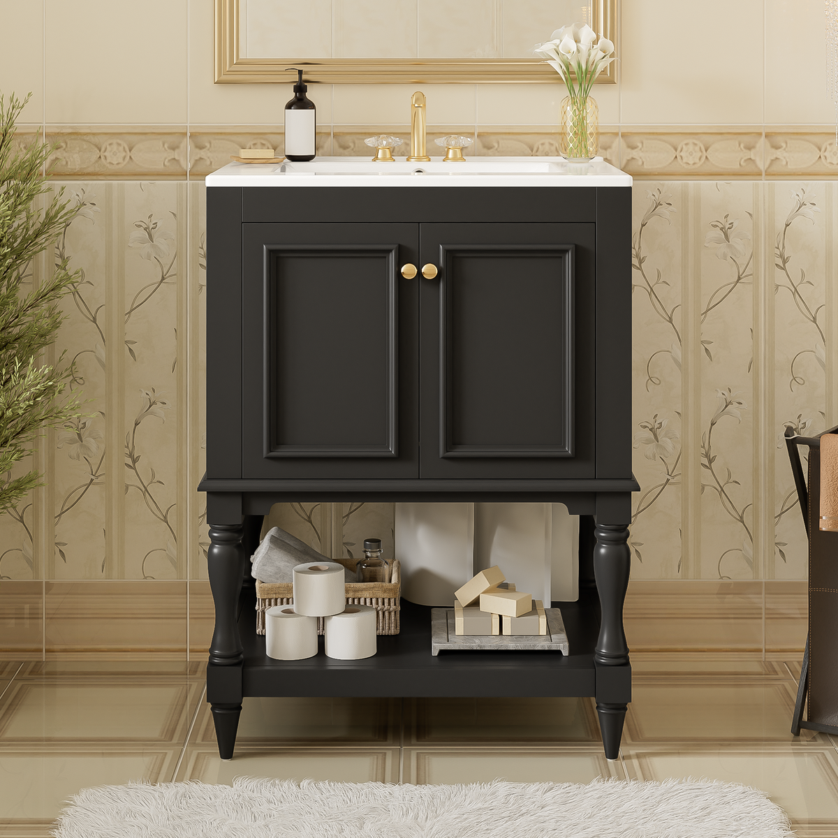 24-Inch Modern Luxury Bathroom Vanity with Ceramic Sink, Black