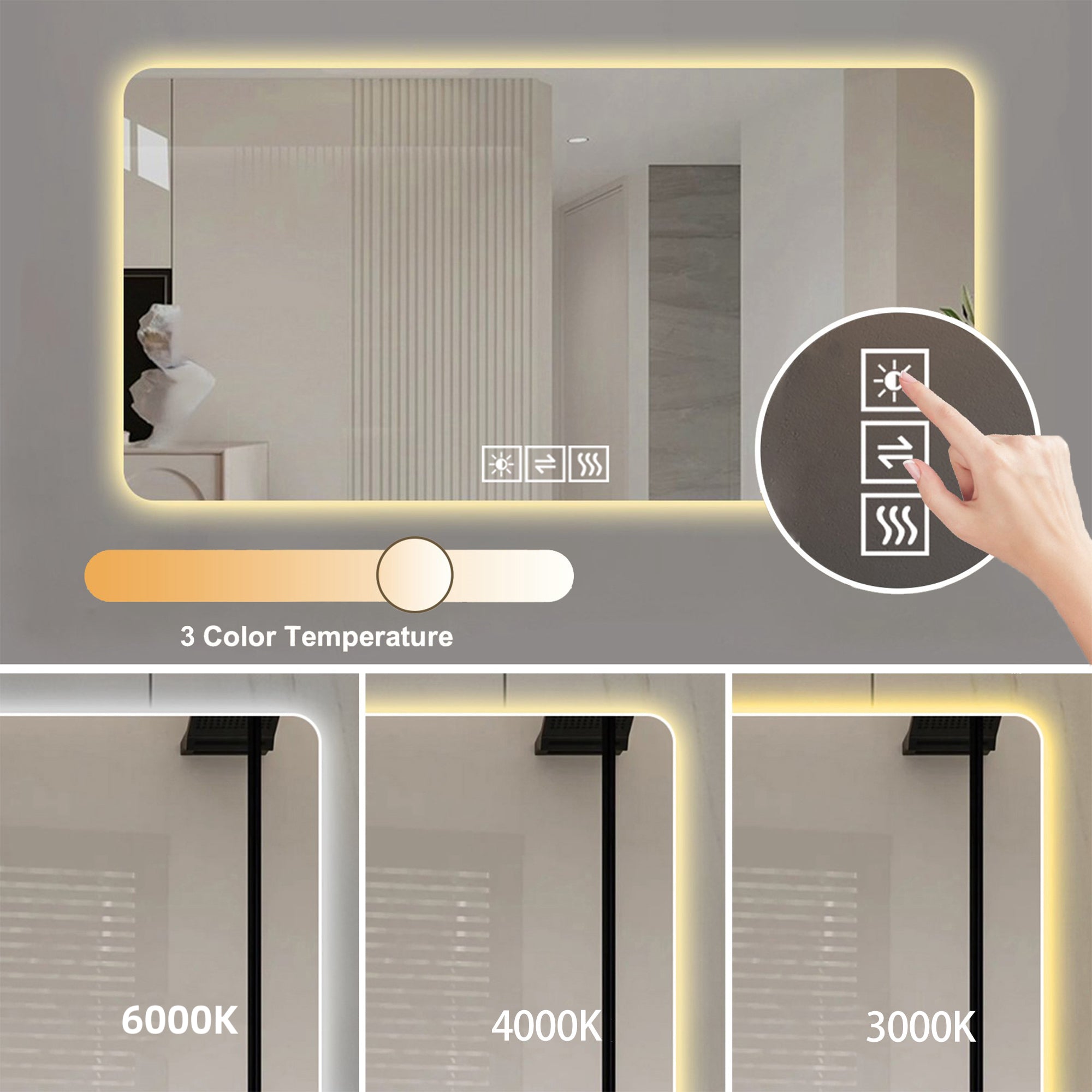 48"x24" LED Bathroom Mirror with One-Touch Demist Function
