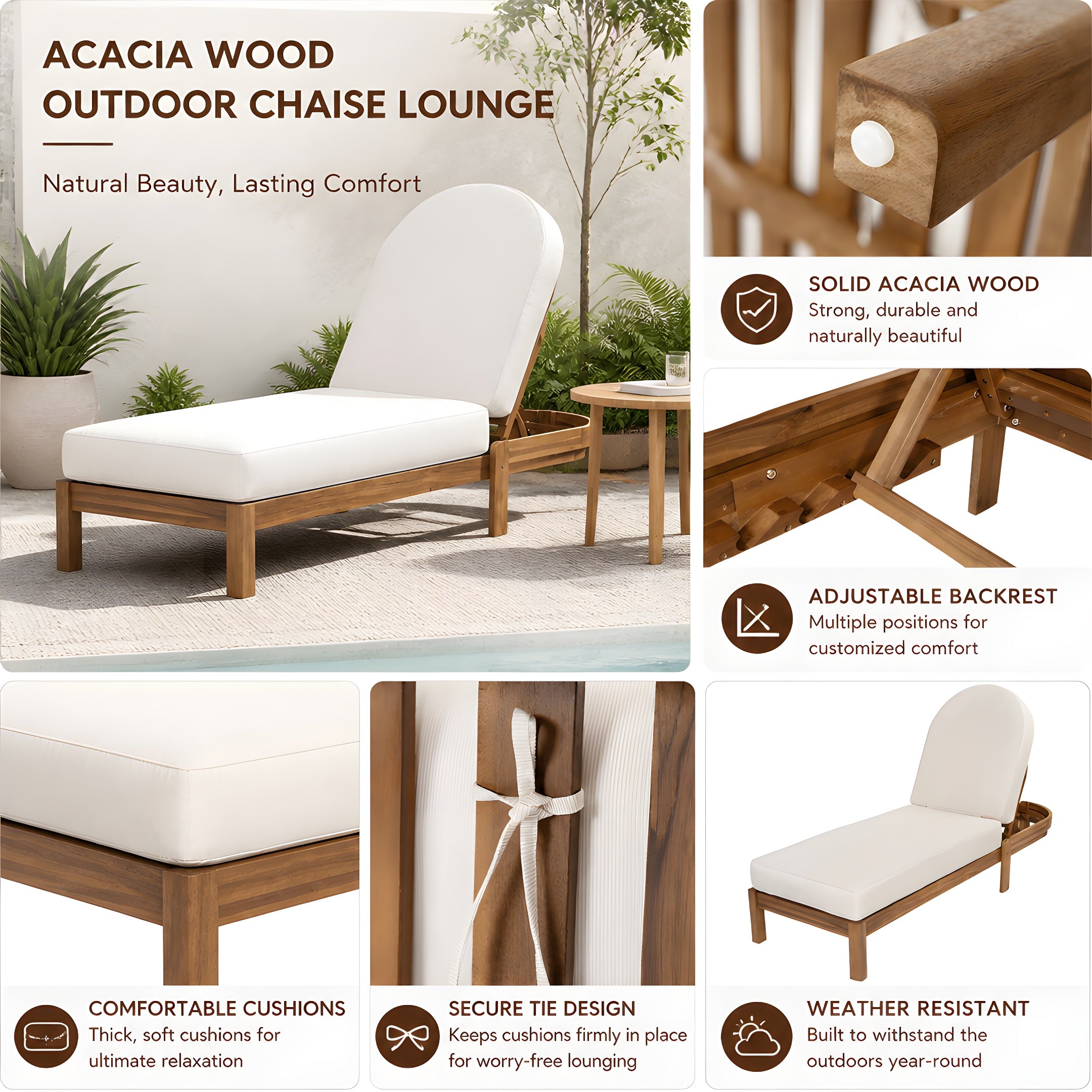 Patio Acacia Wood Chaise Lounge Chairs with Adjustable Backrest - Set of 2