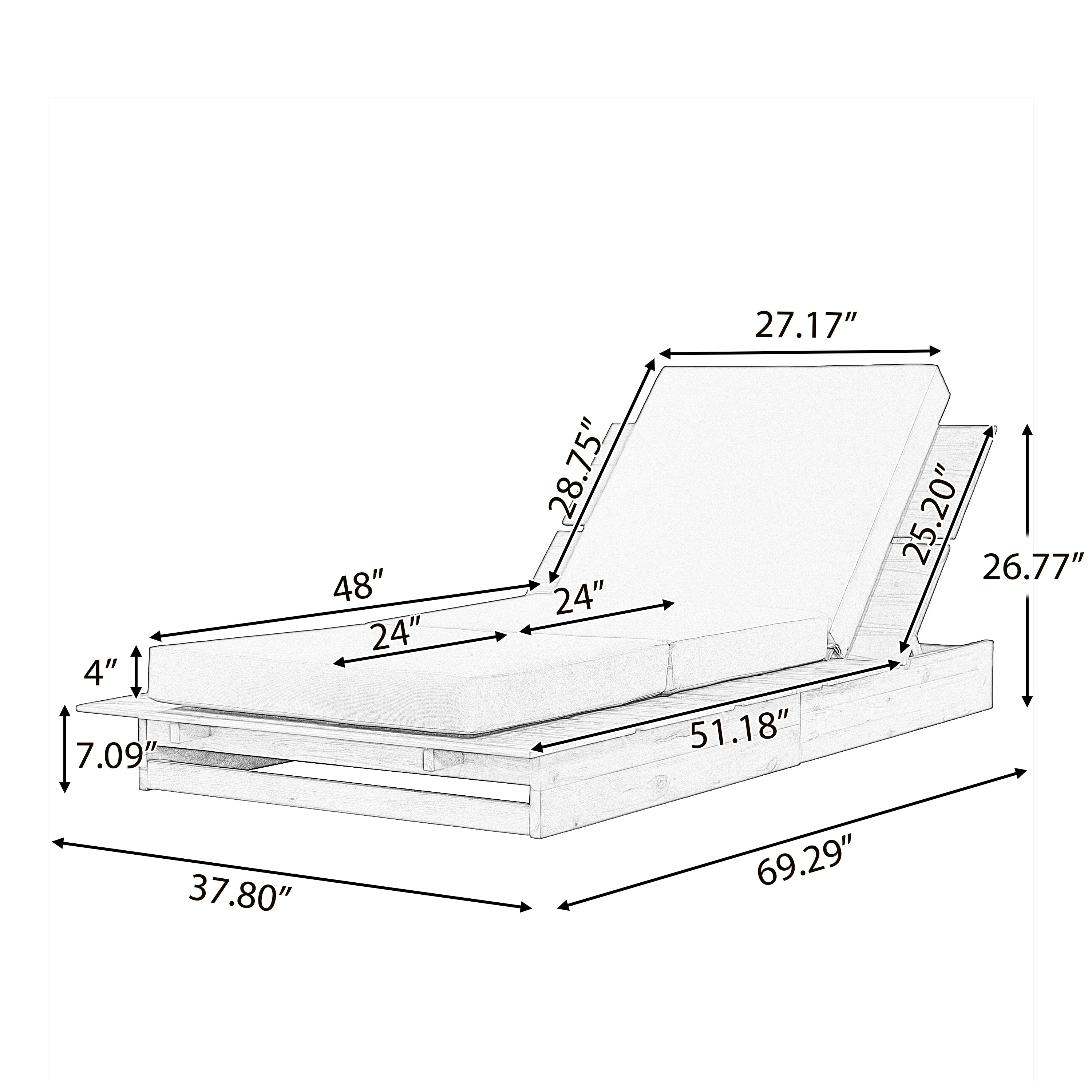 Acacia Wood Chaise Lounge with 4" Thick Cushion