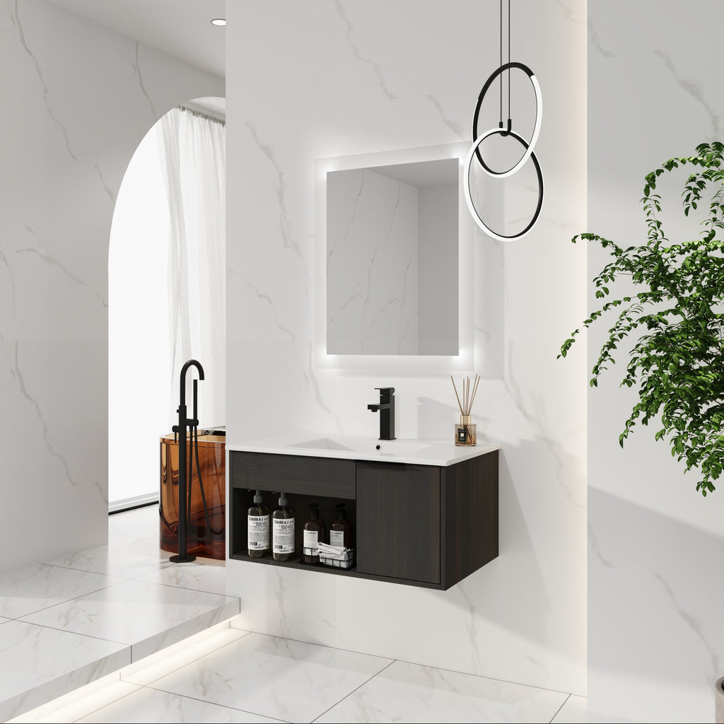 30" Wall-Mounted Floating Bathroom Vanity with Ceramic Sink – Modern Dark