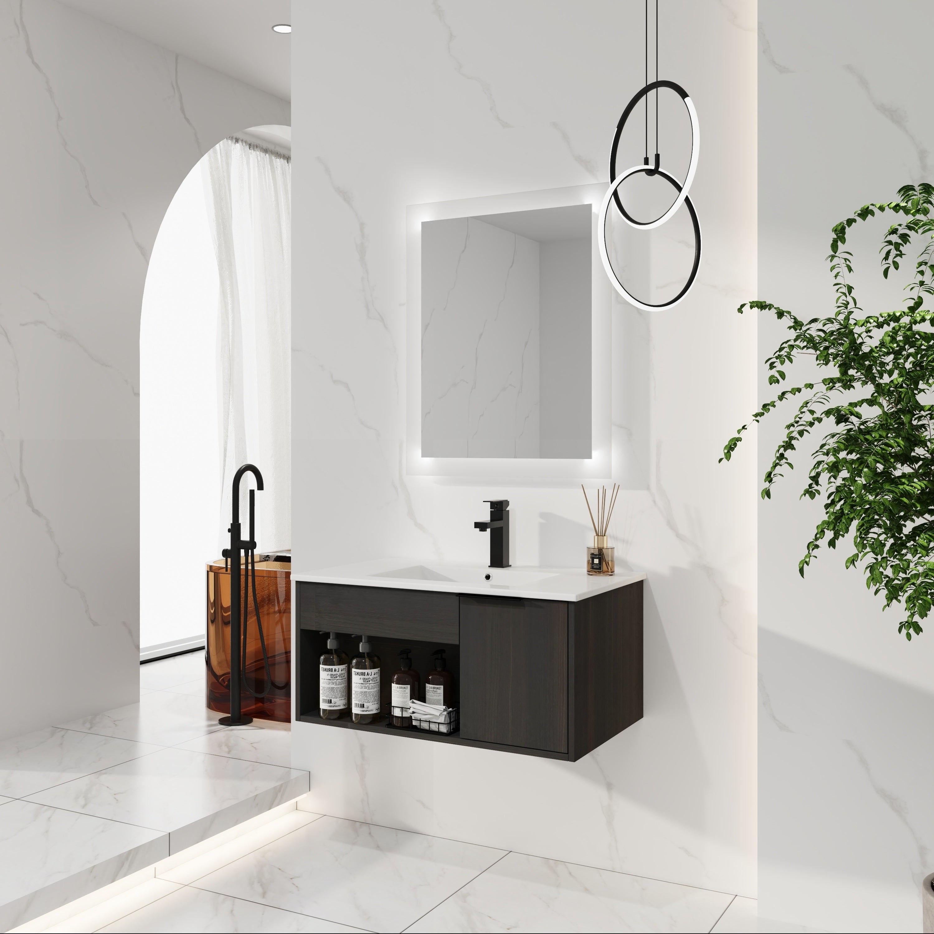 30" Wall-Mounted Floating Bathroom Vanity with Ceramic Sink – Modern Dark