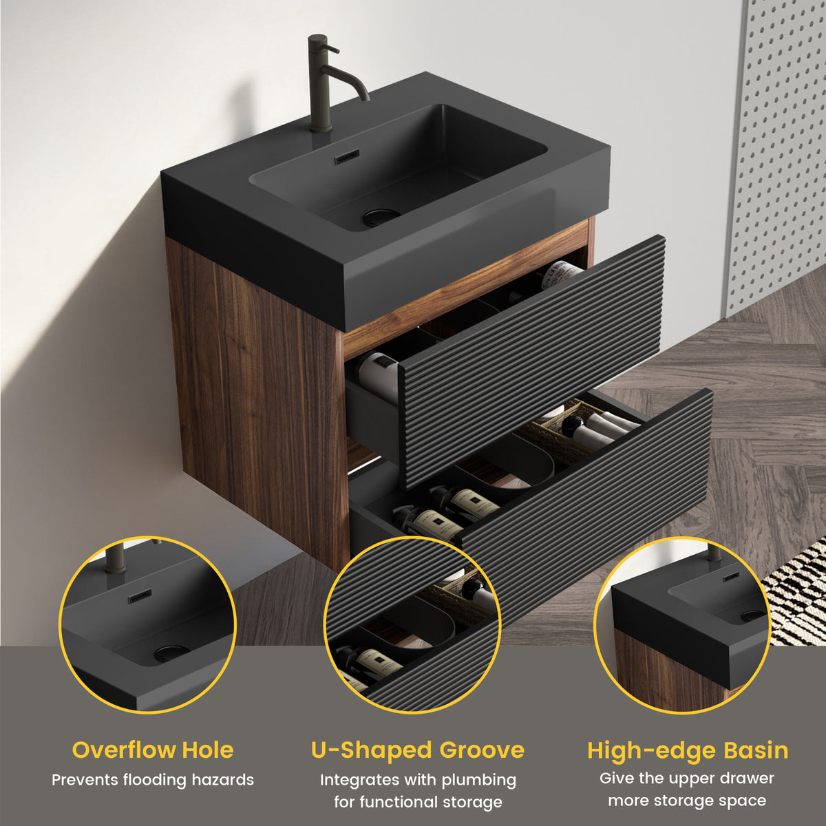 Grace 24-Inch Wall-Mounted Bathroom Vanity with Soft-Close Drawers, Black and Walnut